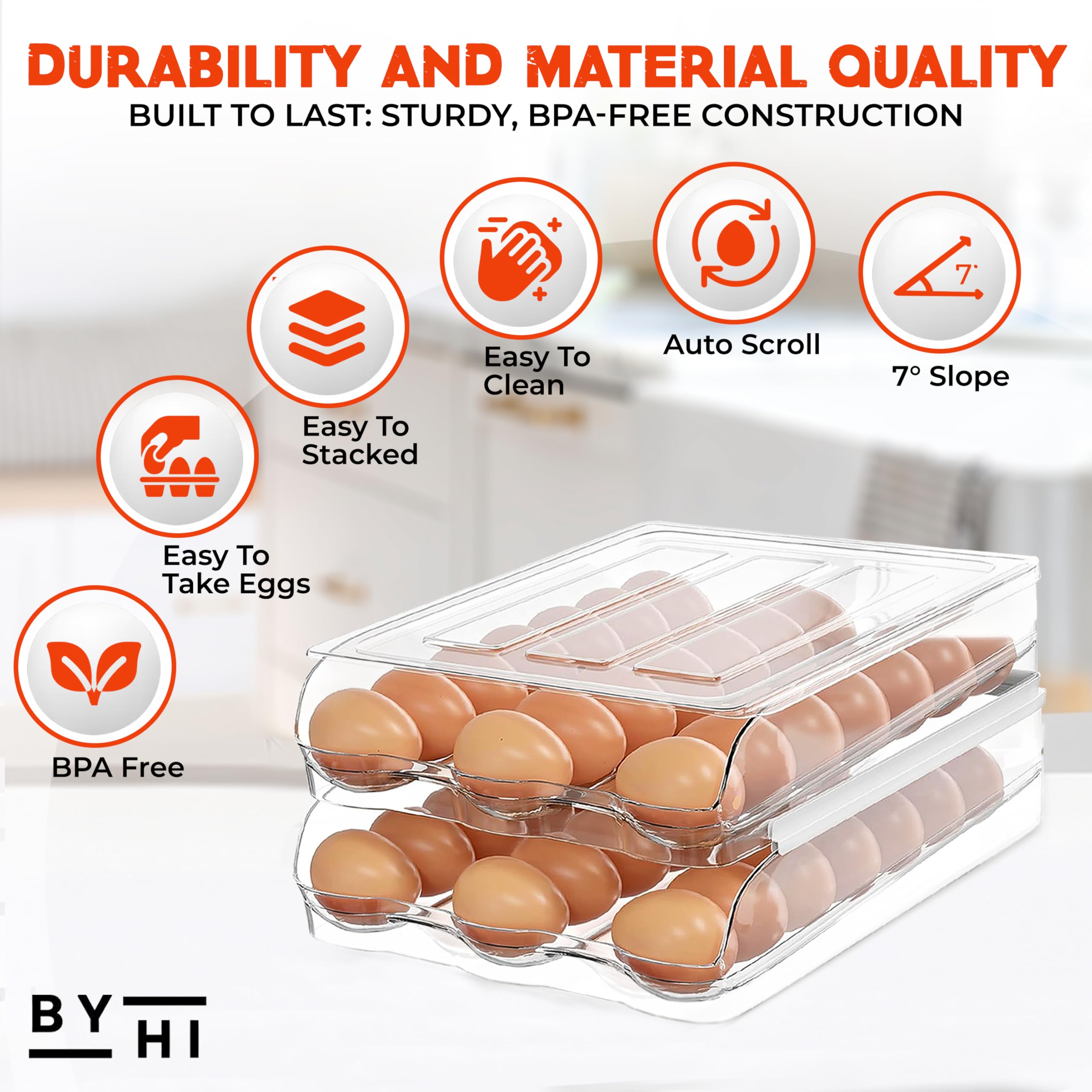 Soporte para 36 huevos para refrigerador, organizador automático de huevos de 2 niveles para ahorrar espacio y almacenamiento fresco, sin BPA 7