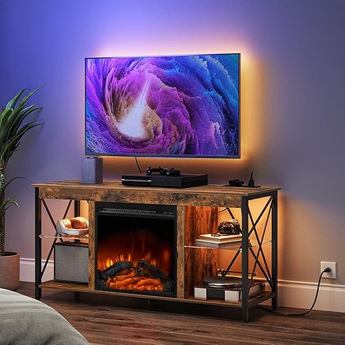 HOOBRO Soporte de TV con chimenea con luces LED y tomas de corriente, mesa consola central de entretenimiento de madera con estantes de cristal,