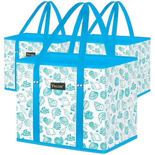BALEINE 3Pk Reusable Grocery Bags, Foldable Shopping Bags for Groceries with Reinforced Bottom & Handles (Summer Beach-Blue)