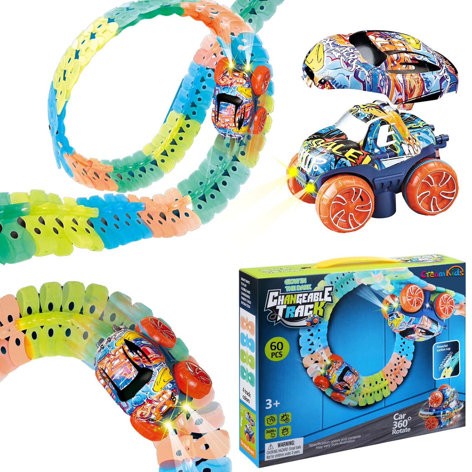 CREAMKIDS Pistas Juguetes de Coches para Niños, Pistas Luminosa con ventosas, Juego de Pistas cambiable de Coche de Coches Slot y Coche de Coches Flexible, Regalos para niños a Partir de 3-12(60pcs)