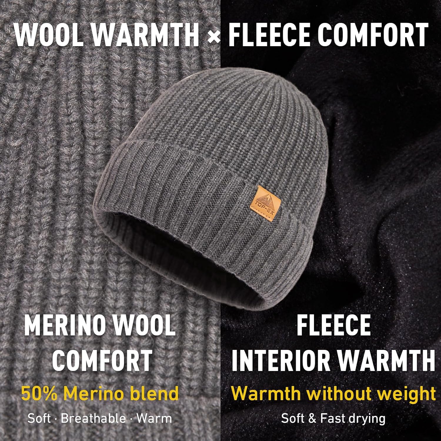 TOP-EX PolarWool™ Merino Wool Beanie for Men Women – Fleece Lined Warm Knit Cuffed Hat, Soft Stocking Cap for Cold Weather - Image 4