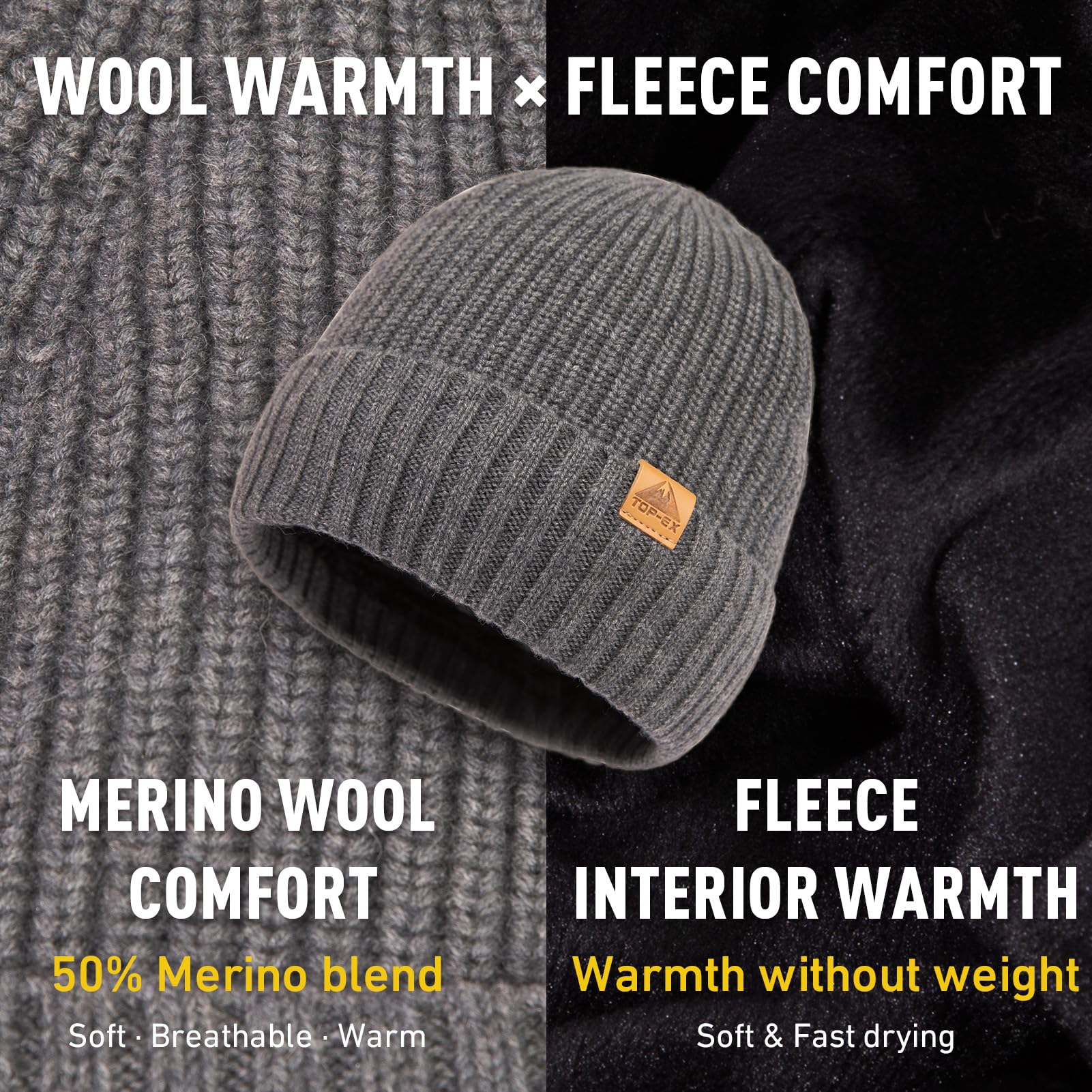 TOP-EX PolarWool Merinowollmütze für Herren, warme Wintermütze mit Fleecefutter, Thermo-Mütze für Herren, mit Bündchen, weiche Wollmütze für kaltes Wetter, Wandern, Arbeit, Geschenke