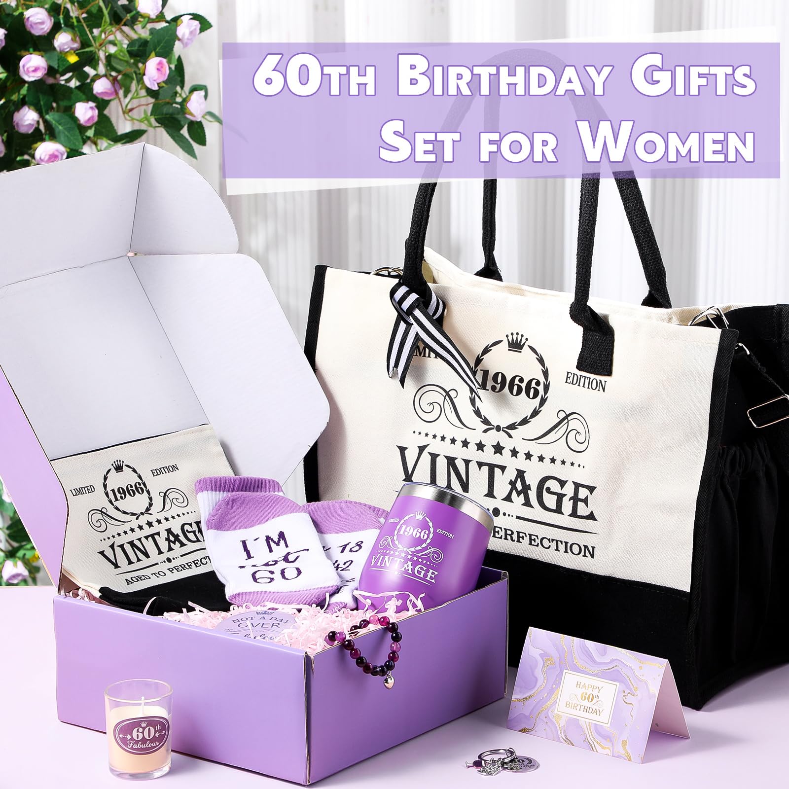 Patelai 8 piezas de regalos de 60 cumpleaños para mujeres, regalos de 60 años para mujer de 60 años, vintage, 1965, cesta de vaso, bolsa de mano, juego de regalos de cumpleaños para mamá de 60 años