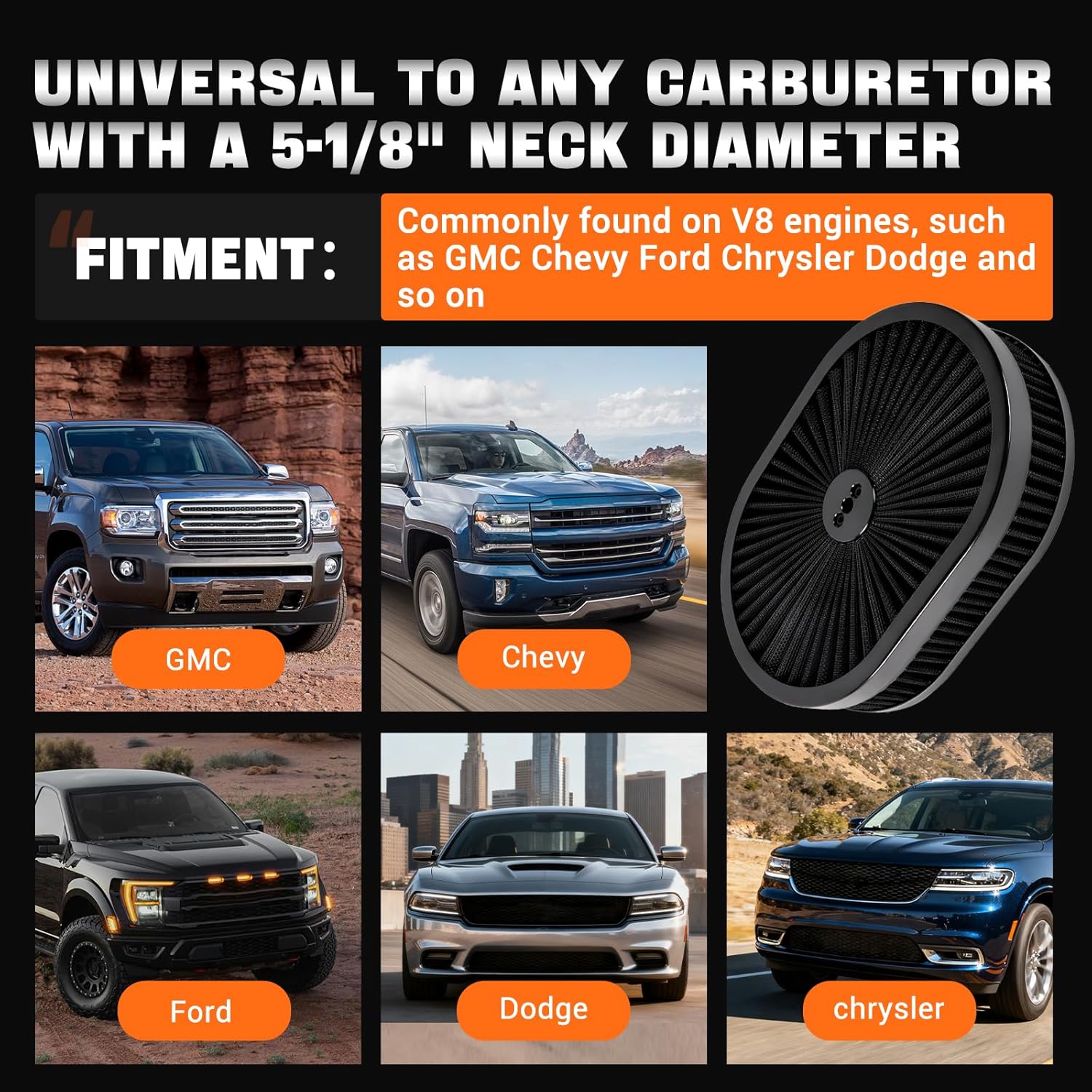 12" x 3"/12" x 2" Oval Air Filter Assembly Kit w/Flow-Thru Lid High Flow Chrome Washable and Reusable Compatible with GMC Chevy Ford Chrysler Dodge Fit For 5-1/8" Carburetor Neck (Black)