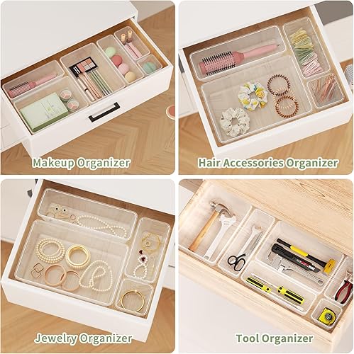 Miniatura 4 de Juego de 10 organizadores de cajones transparentes, 4 tamaños, bandejas de plástico para maquillaje con almohadillas de silicona antideslizantes,