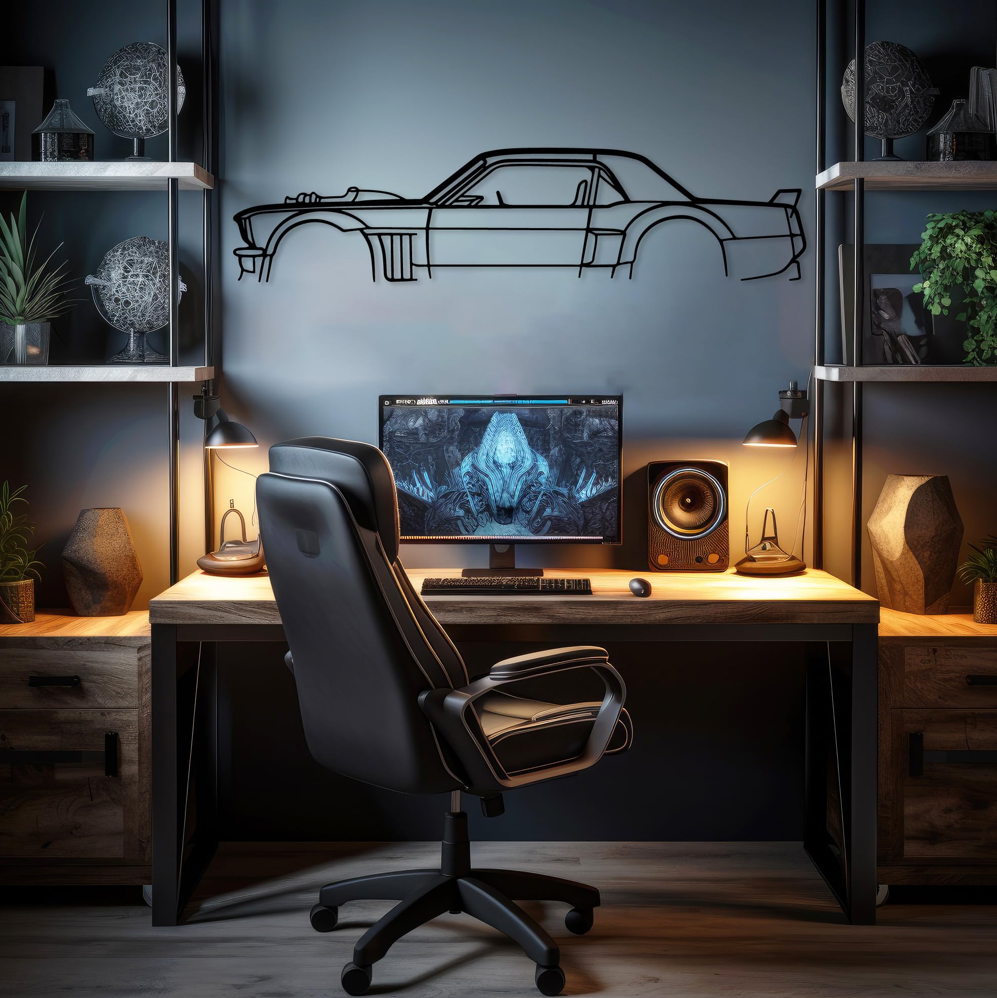 DecoSoul Mustang Metal Car Wall Art, Sports Car, Automotive Silhouette Line Decoration, Minimalist Sculpture for Garage, Indoor Outdoor Wall Hanging, Gift for Boyfriend (Black - 15 x 4.1” inch)