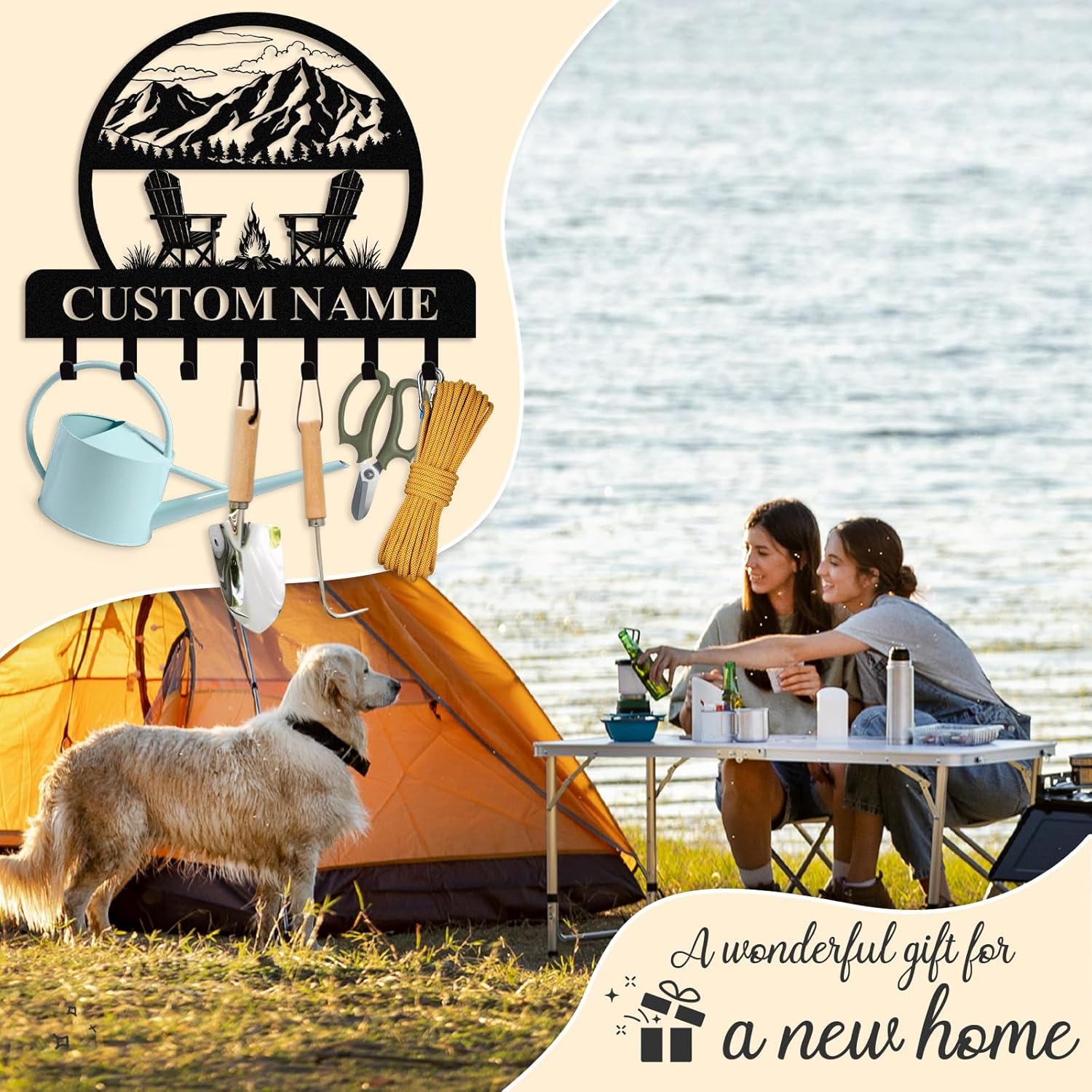 KAINSY Personalized Key Holder for Wall, Custom Camping Wall Key Hooks with Name, Metal Cabin Key Rack Hanger Wall Mount, Coat Hook Key Holders Organizer for Entryway Garden Hallway, Home Decor Gifts