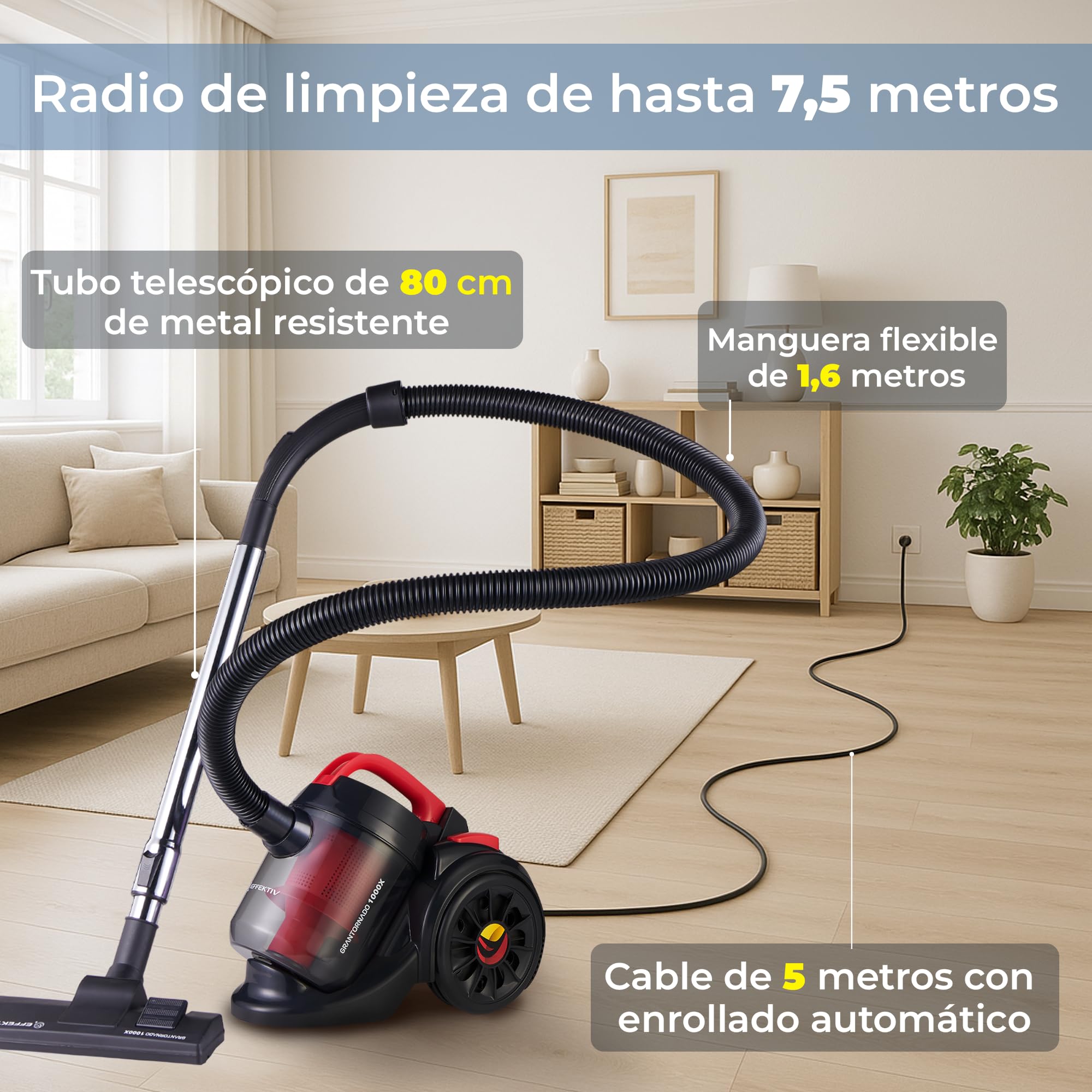 EFFEKTIV Aspiradora sin Bolsa GranTornado 1000X – Aspiradora Ciclónica 1200W con Alta Succión 85000Pa, Depósito 2.5 L, Filtro HEPA Lavable, Aspiradora Trineo para Casa y Mascotas