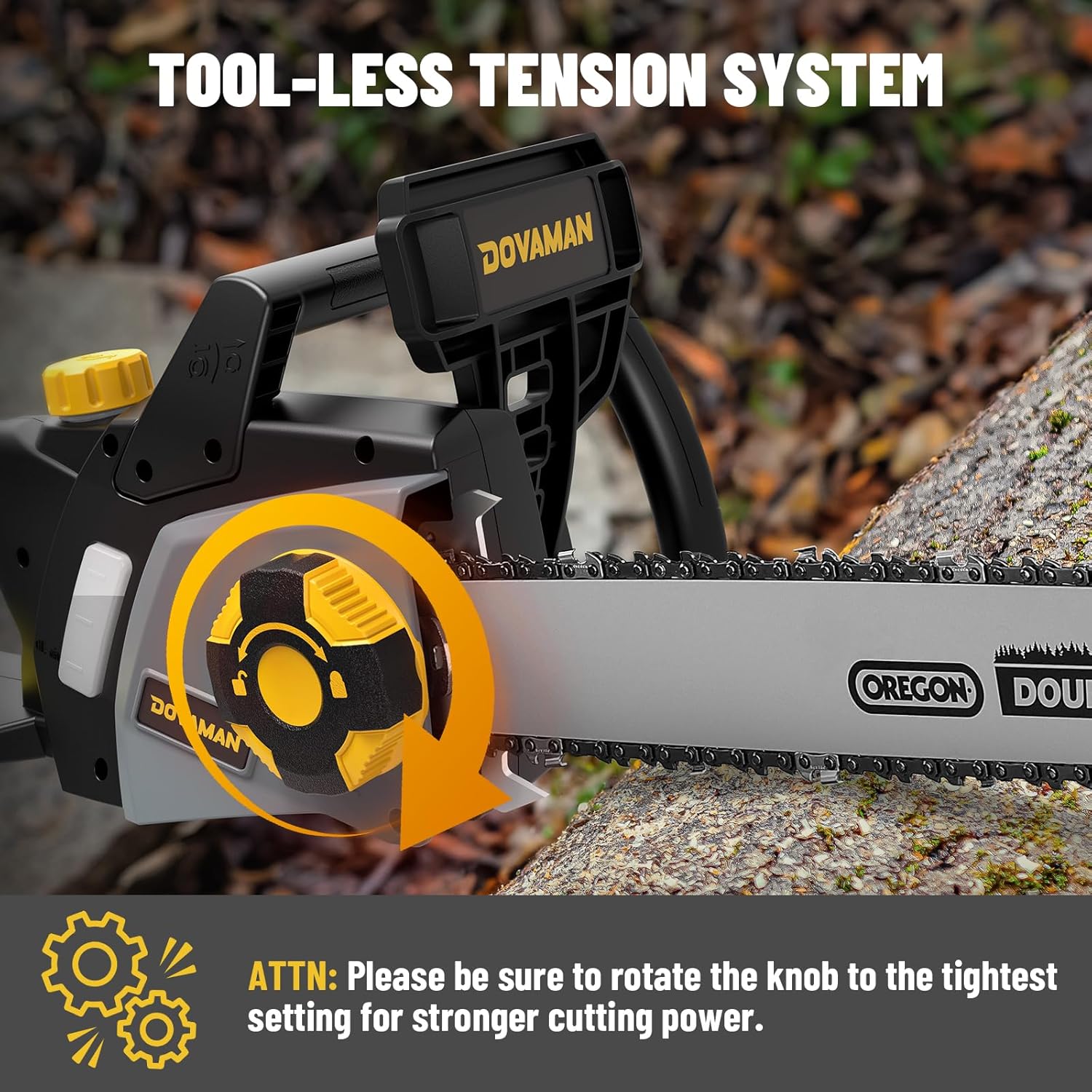 Close-up of the chainsaw's tool-less tension system