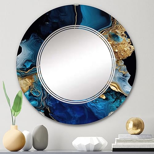 Miniatura 7 de DesignQ espejo de pared de mármol abstracto, espejo moderno ovalado, espejo de baño azul redondo, espejo de tocador de mármol abstracto dorado y
