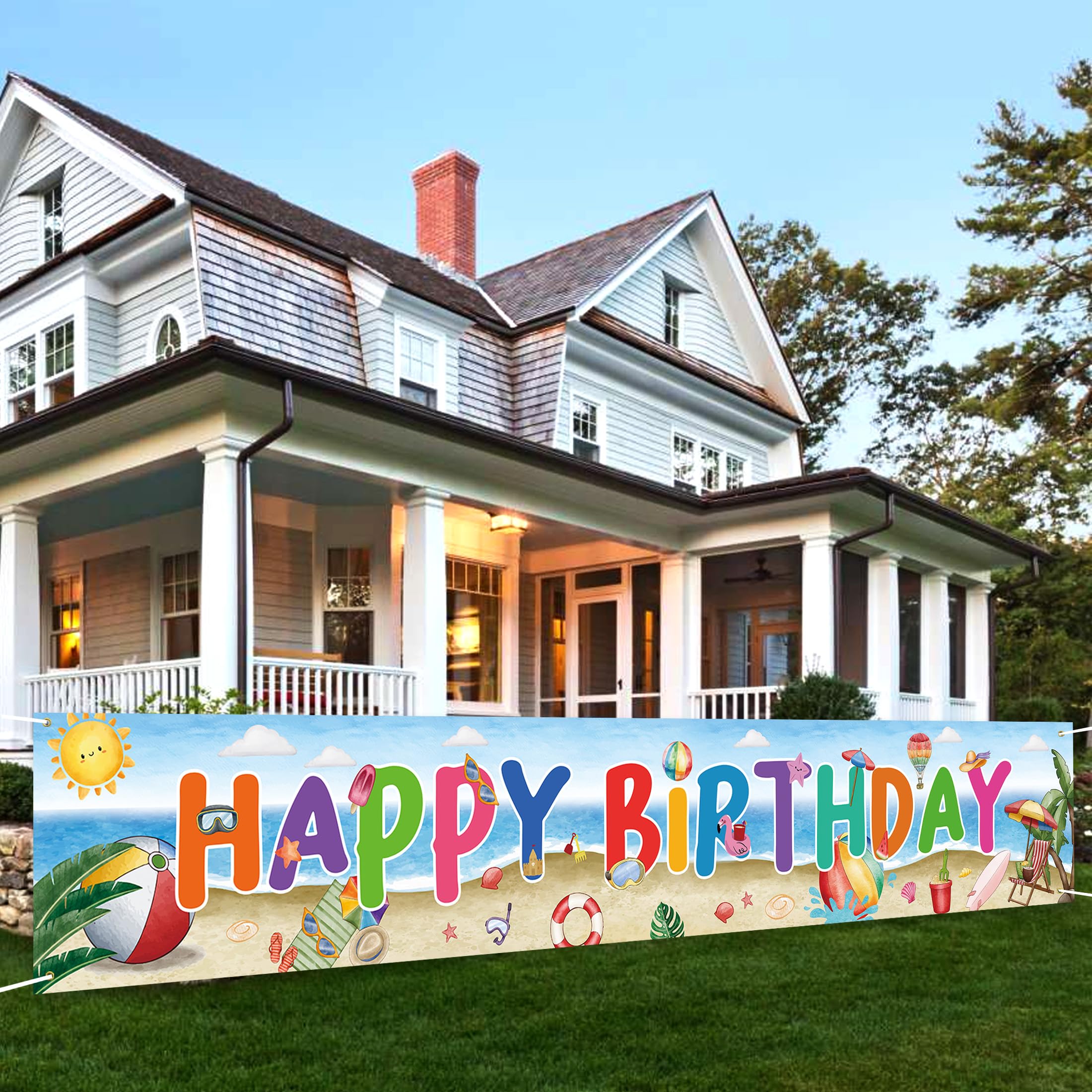 Beach Ball Birthday Banner, Large Summer Pool Party Decor, Cute Beach Theme Happy Birthday Sign for Daughter Son