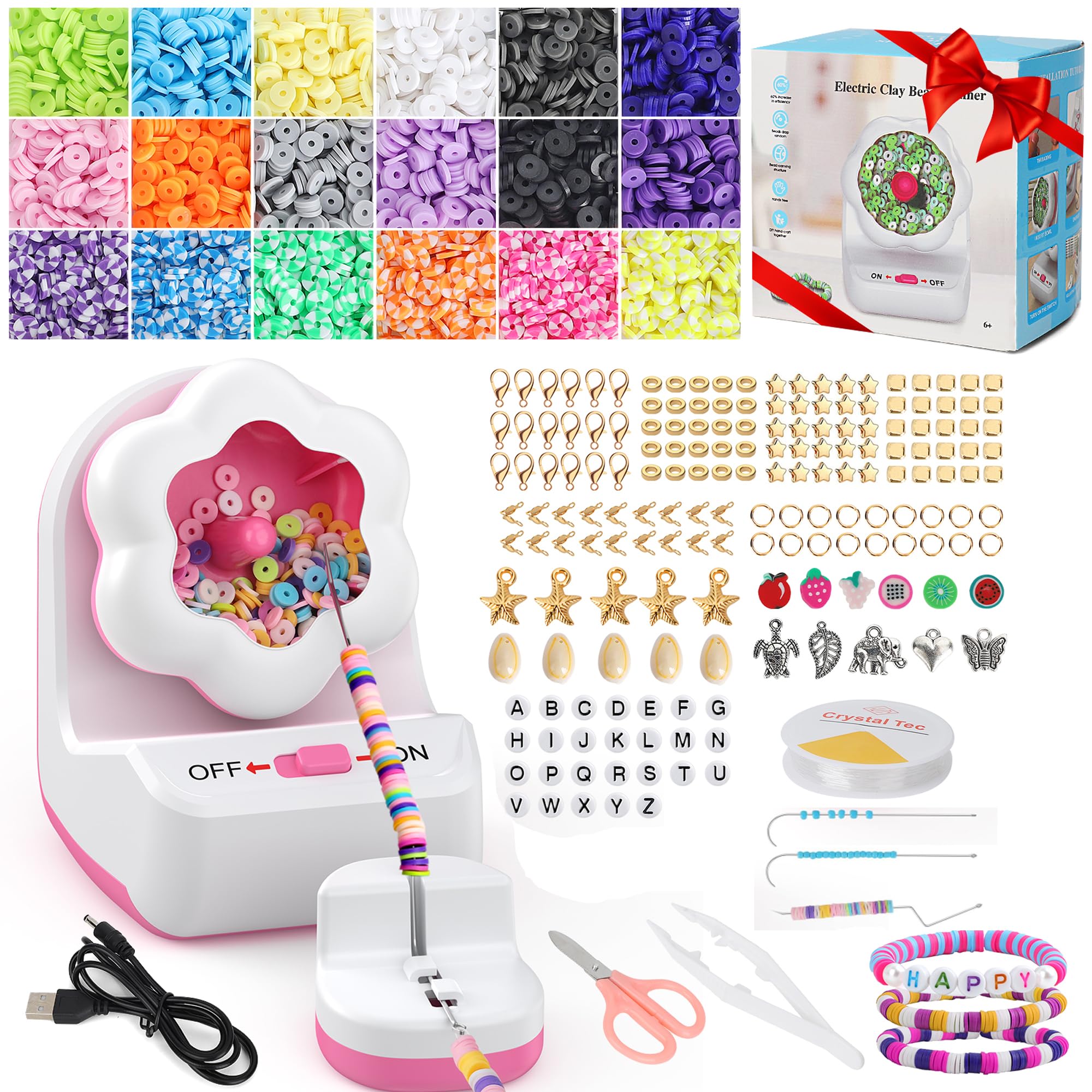 Omgpeike Electric Bead Spinner, 2-in-1 Clay Bead Spinner - Seed Bead Spinner with 18 Colors 3600 PCS Clay Bead and 450PC Beading Accessories for Jewelry, Bracelets Making, Necklace, Waist Crafts DIY