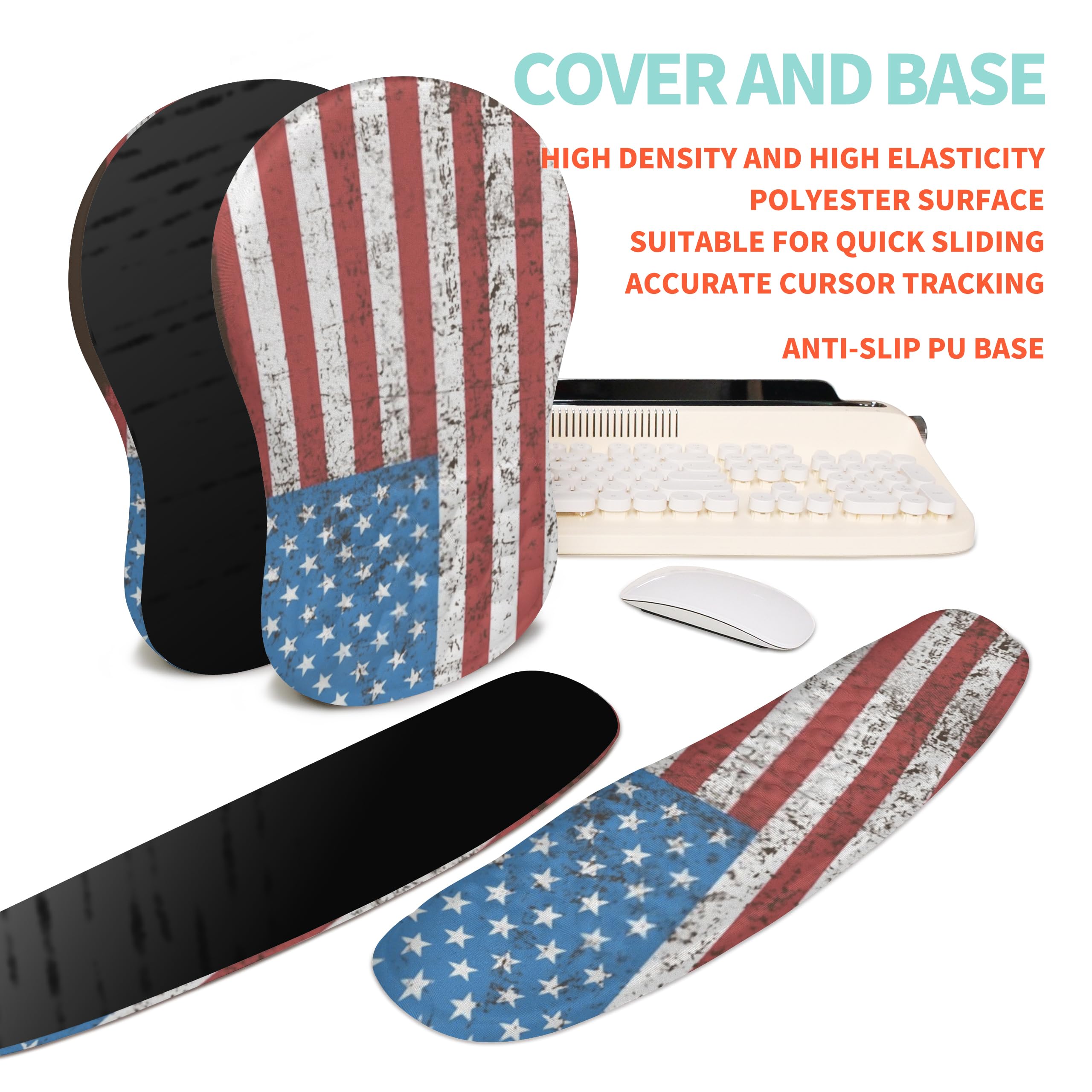 Set ergonomico 2 in 1, poggiapolsi per tastiera Wave Rise e tappetino per mouse con supporto per il polso, cuscino in memory foam integrato per alleviare il dolore al polso, bandiera americana