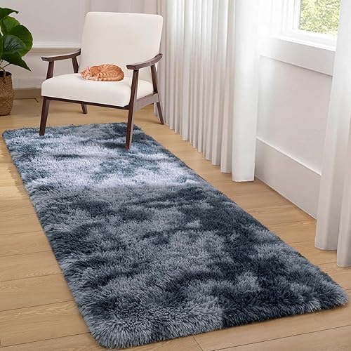 Miniatura 2 de Softlife Alfombra de área para dormitorio, alfombra mullida de felpa teñida con lazo azul arco iris para sala de estar, para niñas, alfombra lanuda