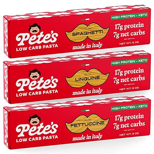 Pete's Pasta Paquete variado de 8 onzas Espaguetis, Lingüino, Fettuccine 0.27 oz de pasta baja en carbohidratos, 0.60 oz de pasta alta en