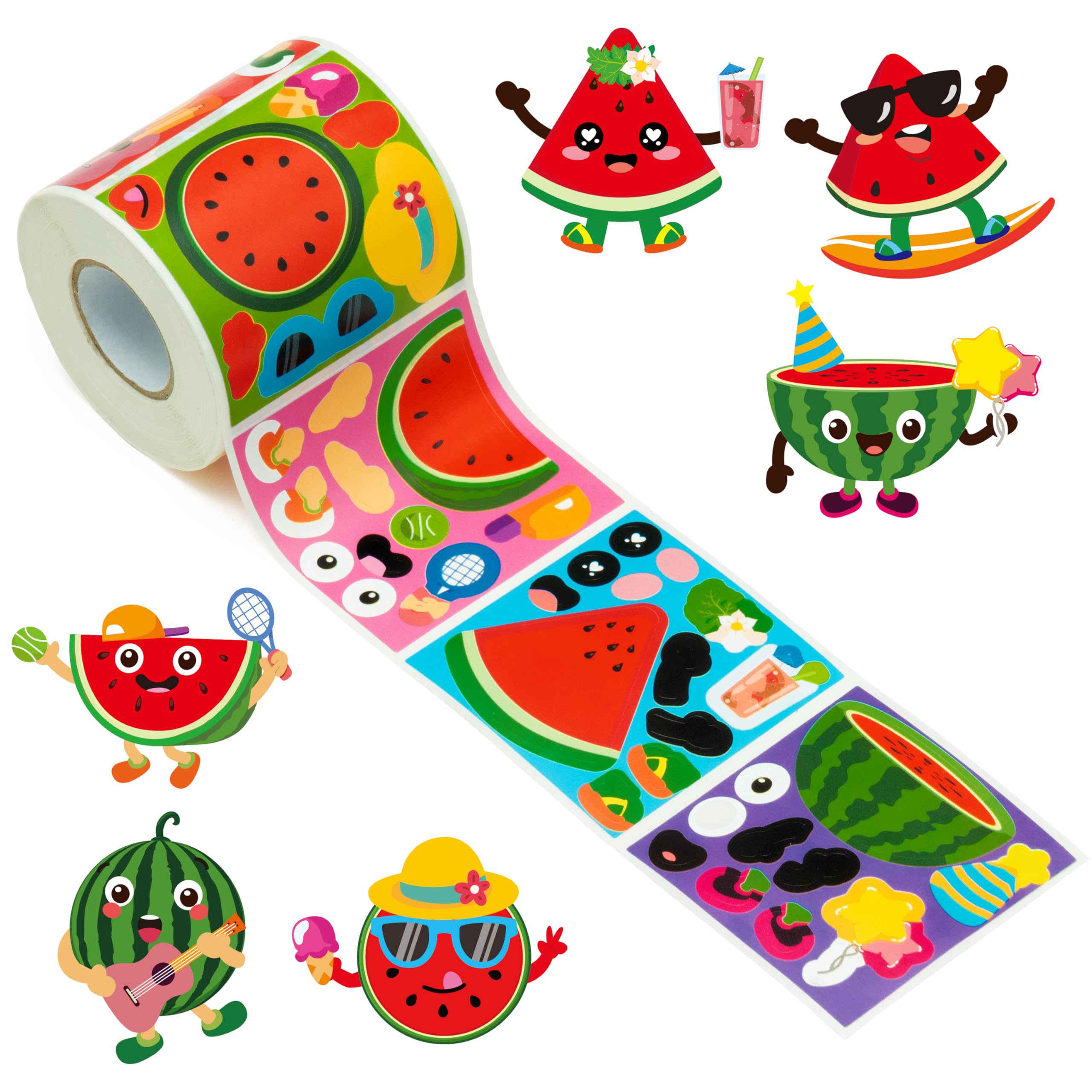 Haooryx Summer DIY Stickers Roll - 300pcs Watermelon Stickers Roll Make Your Own Watermelon Face Giftwrap Mix and Match Summer Fruit Kids' DIY Paper Craft Kit Bullet Journal Student Awards Incentives