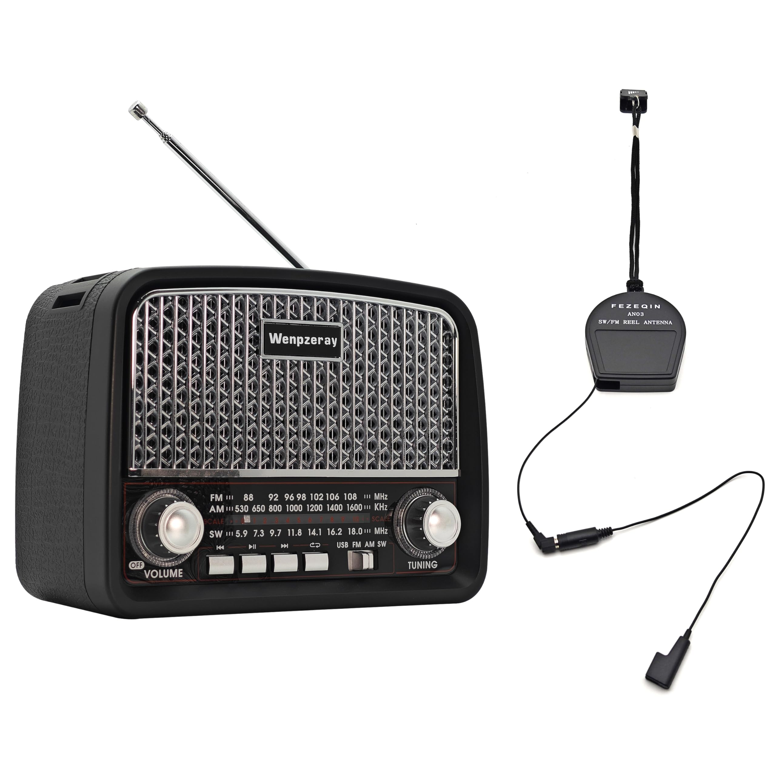 D-612 AM FM Shortwave Radio Portable Retro BT Radio (Black) and AN03 Shortwave FM Reel Antenna Telescopic External Antenna Enhance Radio Signal Reception Suit for FM SW Radio Receiver
