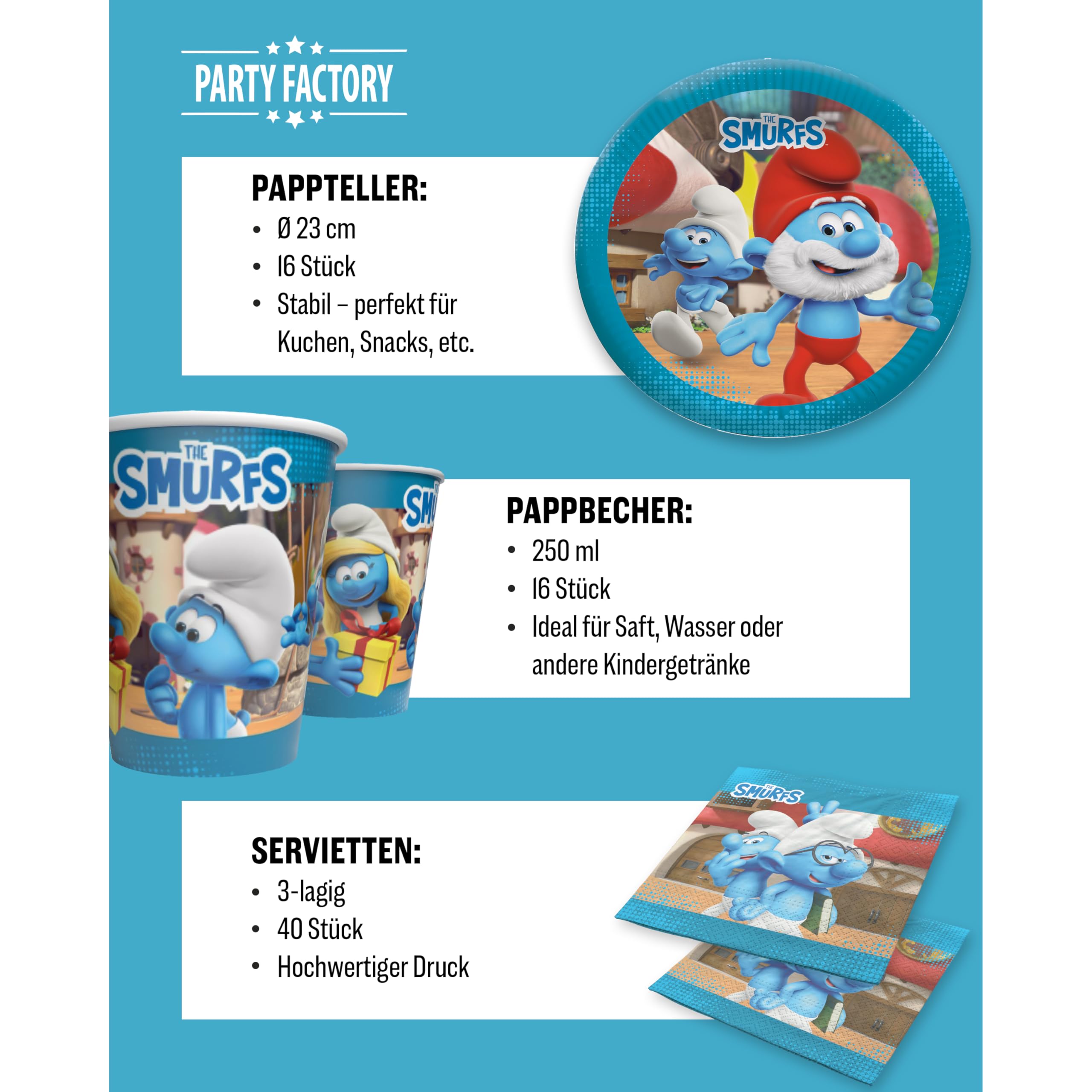 Die Schlümpfe – Schlumpfige Geburtstagsdeko Komplettset für Kinder - 85 tlg. Tischdeko Pappgeschirr mit Wimpelkette für Kindergeburtstag & Mottopartys - Party Deko Bundle mit Tellern, Servietten etc.