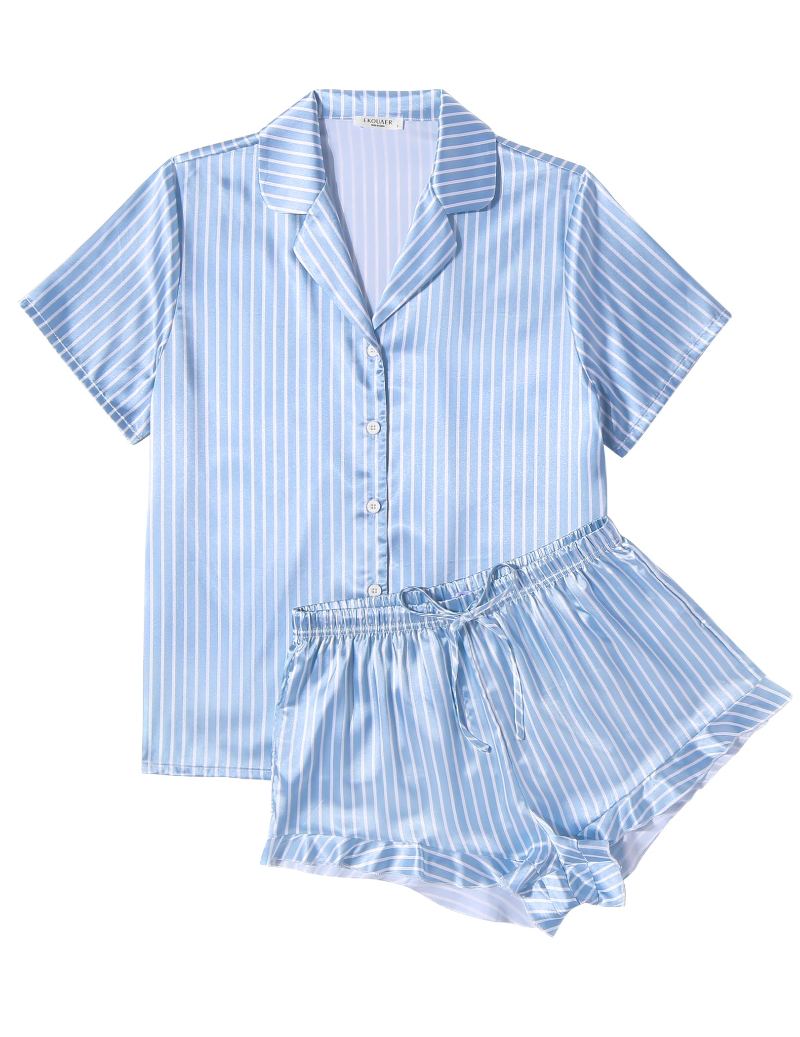 EkouaerWomens Satin Pajamas Set Button Down 2 Piece Silk Pjs Shorts Set Ruffle Lingerie Notch Collar Sleepwear