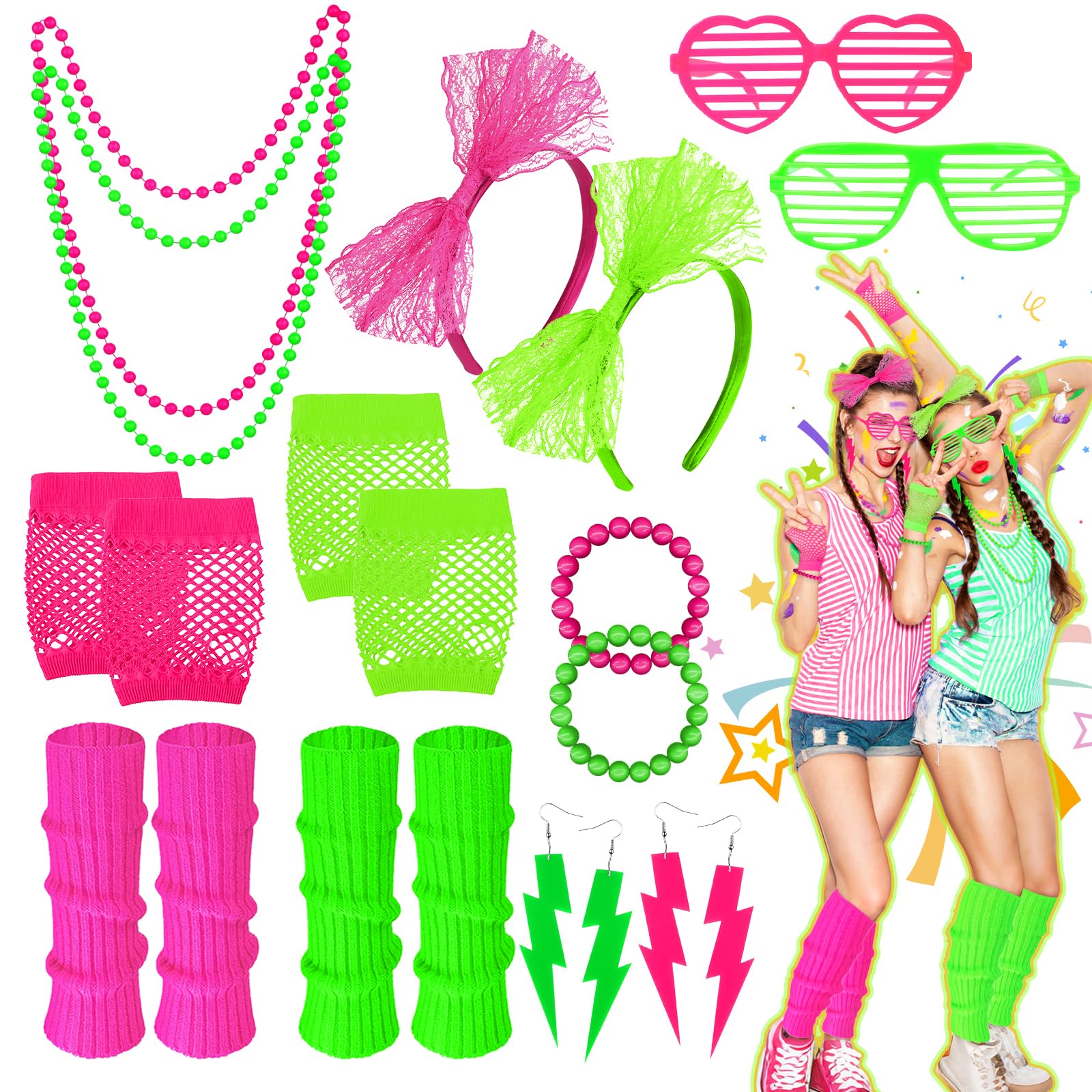 2 Sets 80s Neon Party Accessories for Women,Fancy Dress for bosom friend,with Lightning Earrings Necklaces Bracelets Fishnet Gloves Headband Glasses Leg Warmers, Retro Parties Hen Do Parties