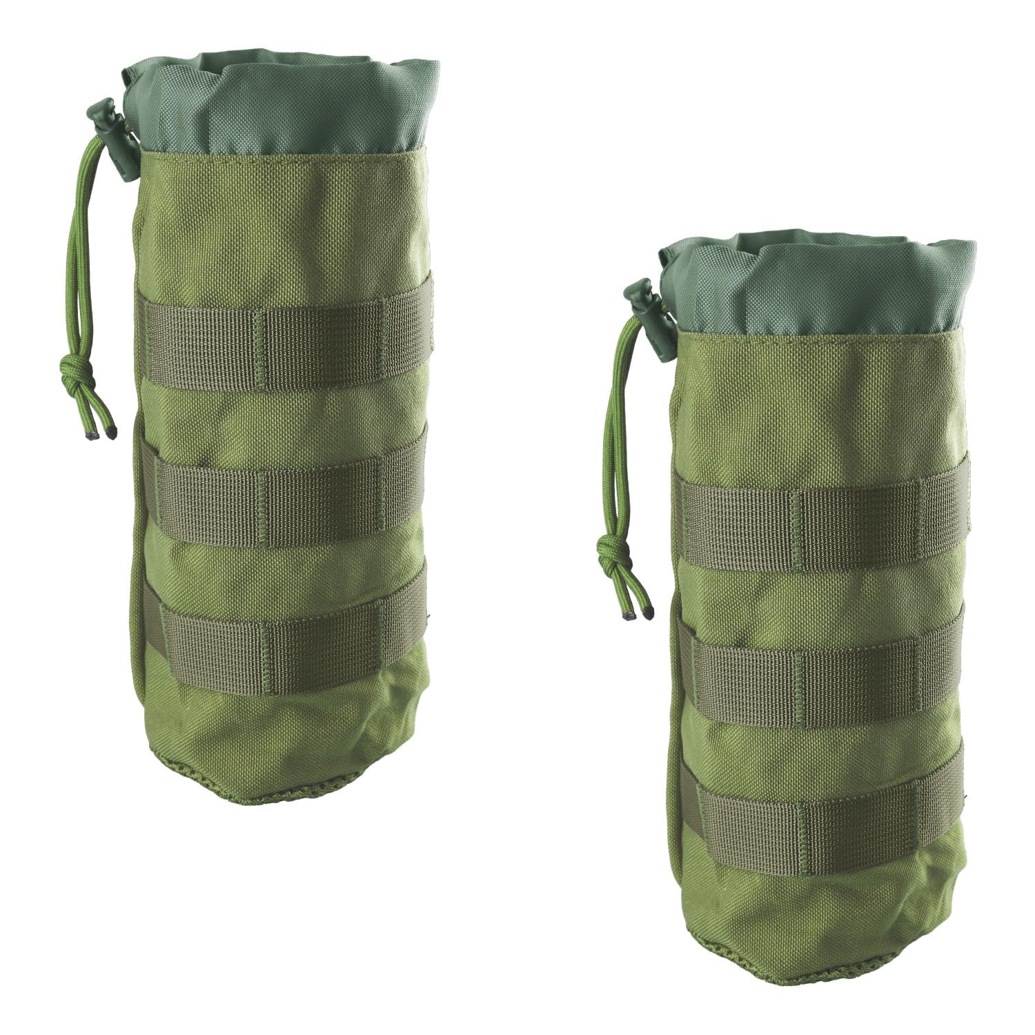 Wellrun Green 2Pcs Molle Water Bottle Holder,Tactical Nylon Hydration Pouch For Outdoor, Hiking, Camping, Cycling, Adjustable With Drawstring And Mesh Bottom,