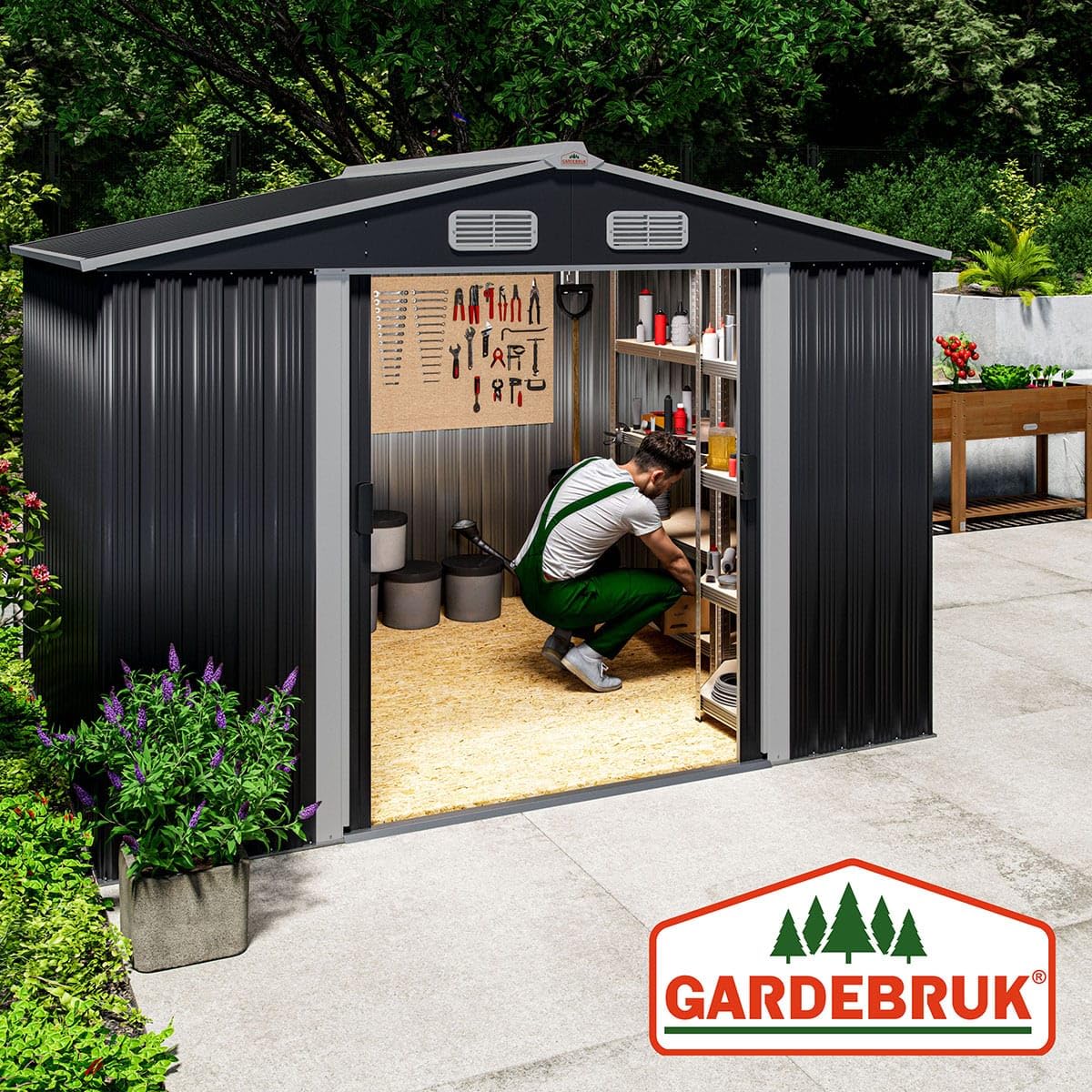GARDEBRUK® XXL Metall Gerätehaus 5m² mit Fundament 257x205x178cm Schiebetür Anthrazit Geräteschuppen Gartenhaus 9m³ | Gartenmöbel Gartenmöbel Gartendach Rasenmäher Garage mit 96cm Schiebetür verzinkter Stahl Schuppen für Werkzeuge