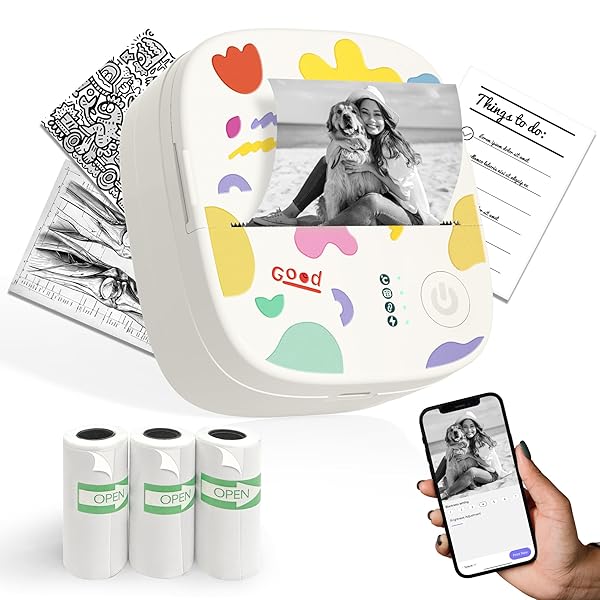 XenGro Mini Portable Sticker Printer, Mini Thermal Printer with 3 Rolls Paper, Bluetooth Inkless Printpods, Pocket Label Maker Suitable for Creative Kids DIY, Diaries, Photos, Study Notes -White