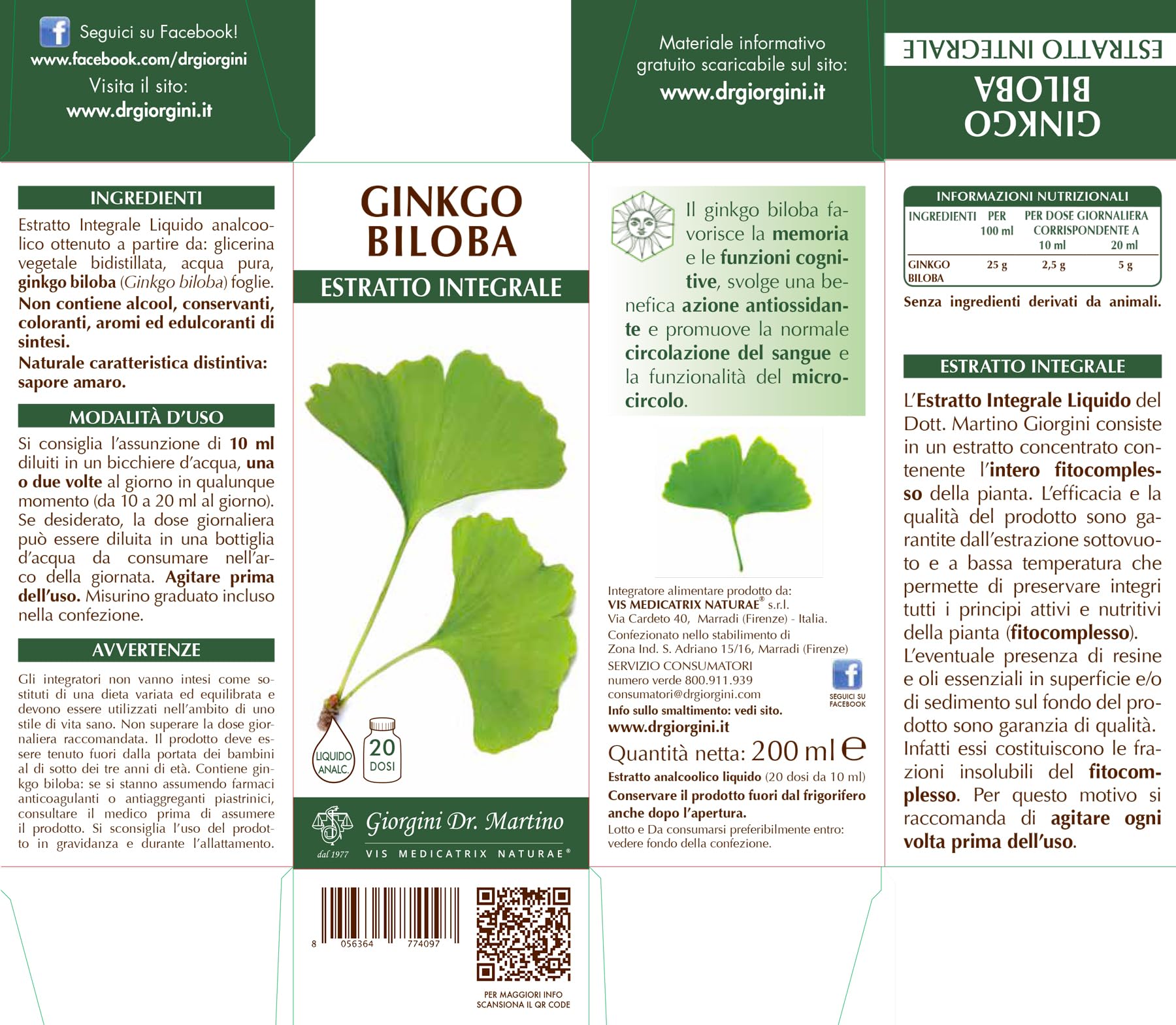 Dr Giorgini Integratore Alimentare, Ginkgo Biloba Estratto Integrale Liquido Analcoolico - 200 ml