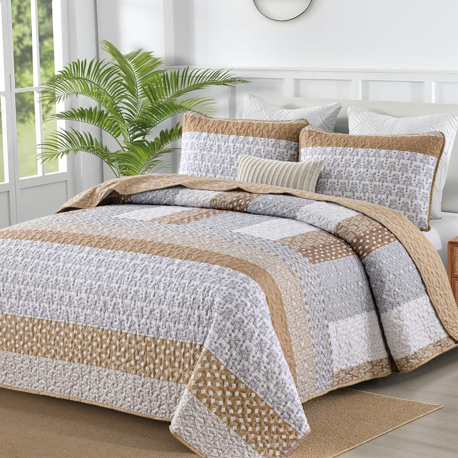 WONGS BEDDING Brown Quilt King Size, Bohemian Stripe Quilt Sets 3 Pieces Boho Quilted Bedspread Set Lightweight Microfiber Coverlet Bedding Set All Season (104"x90")