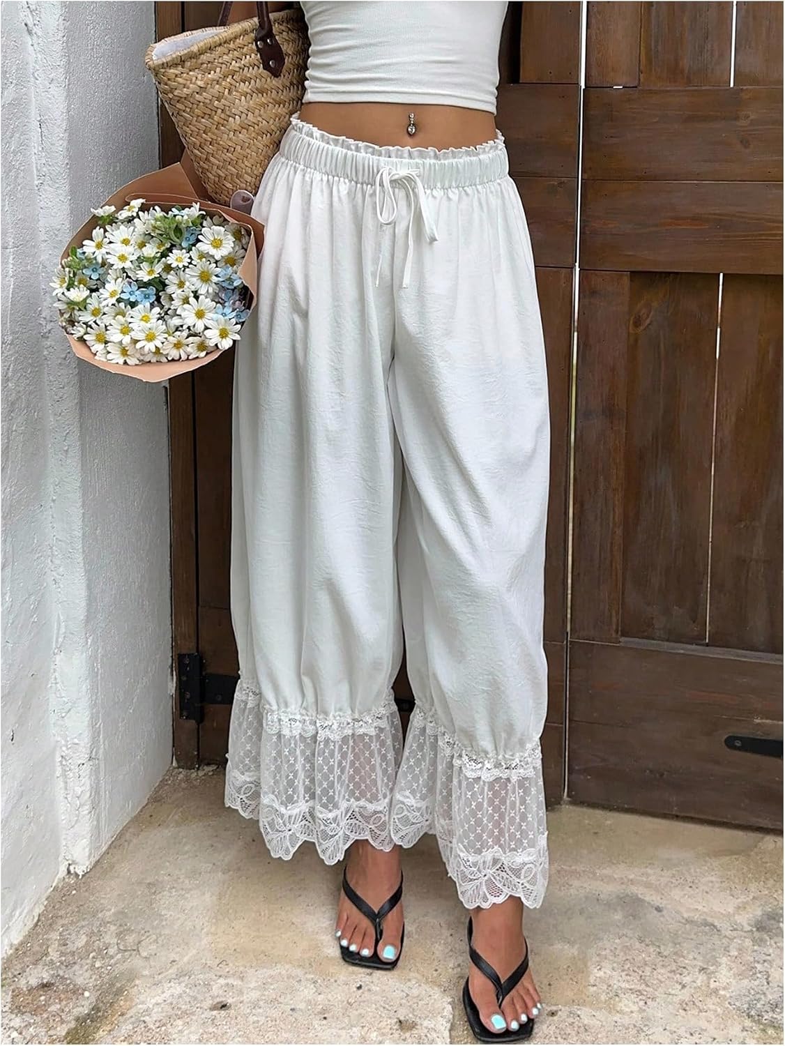 GORGLITTER Women's Ruffle Lace Pants Boho Long Bloomers Vintage Pantaloons Summer Beach Travel Vacation Pants Trousers