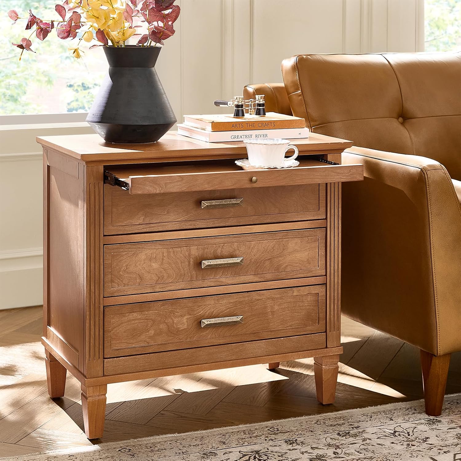 HULALA HOME Farmhouse End Table with Charging Station, Pull-Out Tray, 3 Drawers End Table with Solid Wood Legs, Wood Veneer Side Table with Open Shelf Set of 2, Natural