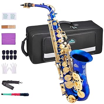 EastRock Students Beginners Alto Saxophone Blue Laquer Gold Key E Flat with Hard Case,Mouthpiece,Mouthpiece Cushion Pads,Cleaning Cloth&Cleaning Rod,White Gloves,Alcohol Pads,Strap