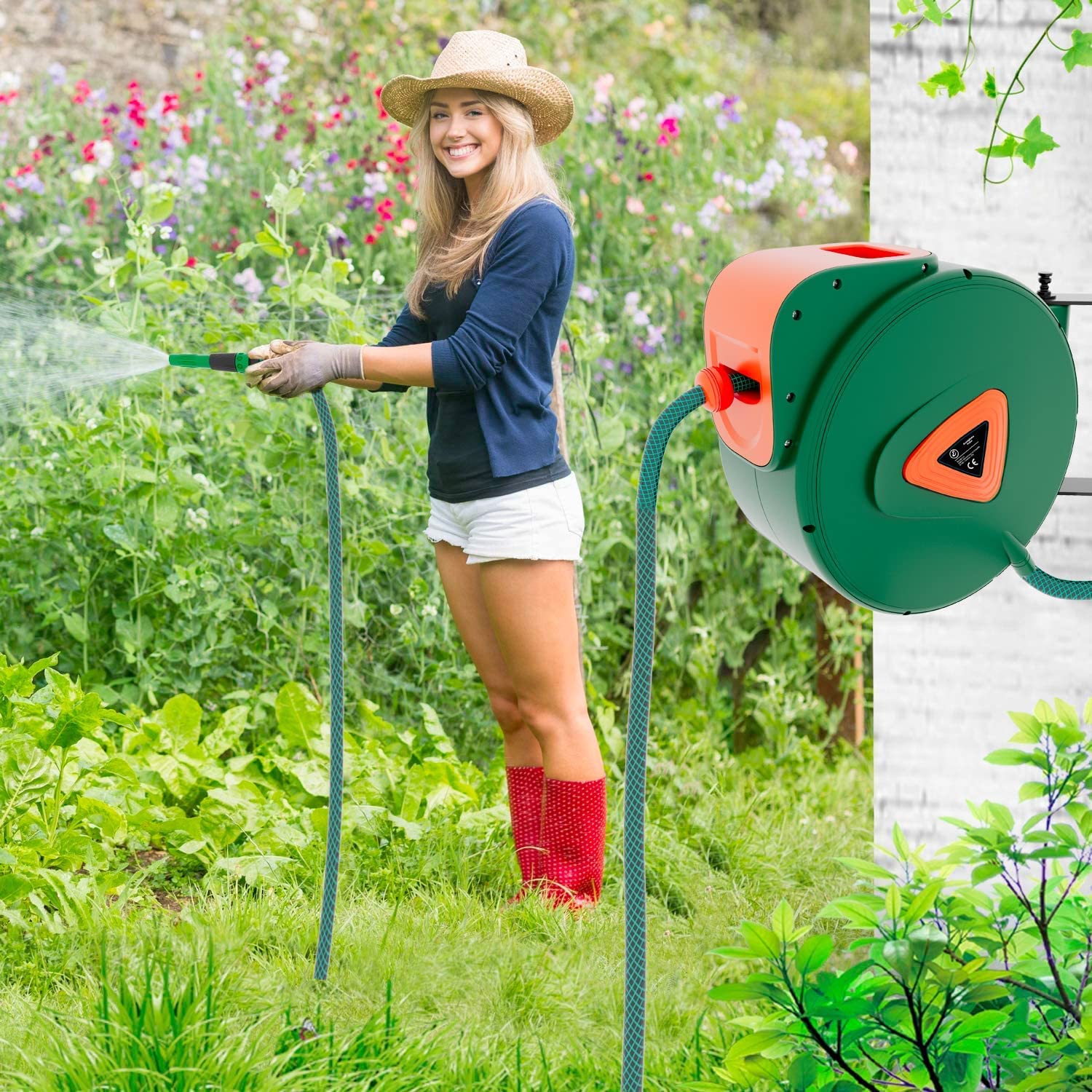 BRICOZONE Avvolgitubo per Acqua con Tubo in PVC Attacco 1/2" da Giardino Fissaggio Parete Muro Blocco Automatico Riavvolgitore Auto Stop Accessorio Esterno Salvaspazio Pressione 24 Bar 20 + 2 M Verde