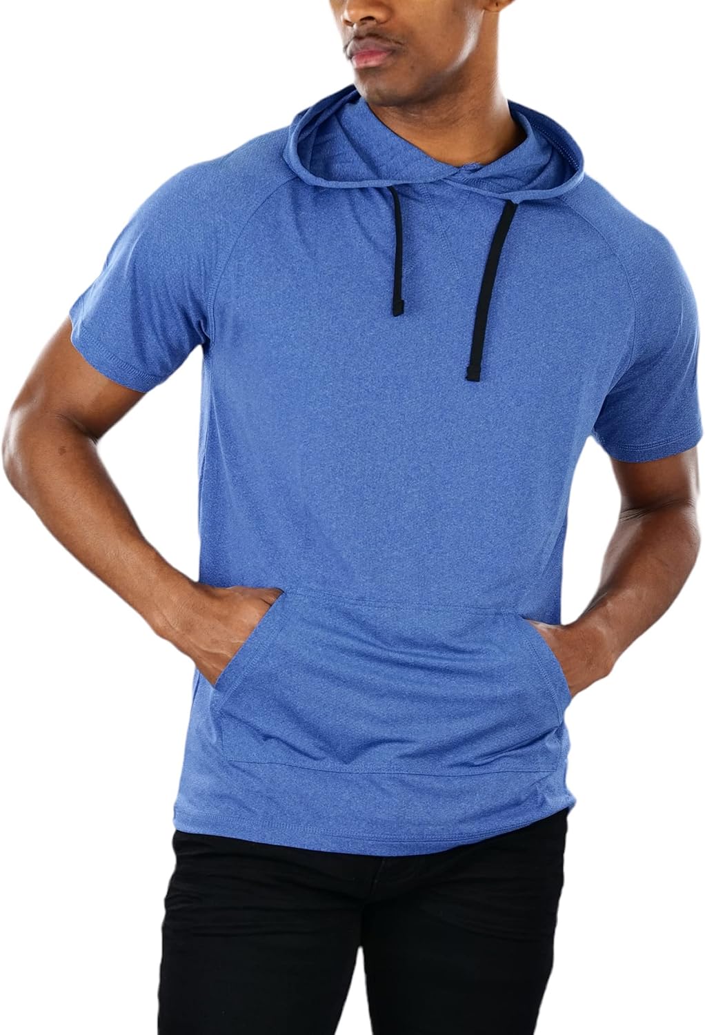 ToBeInStyle Men's Lightweight Raglan Heather Short Sleeve Pullover Drawstring Hoodie w/Kangaroo Pocket - Blue - S