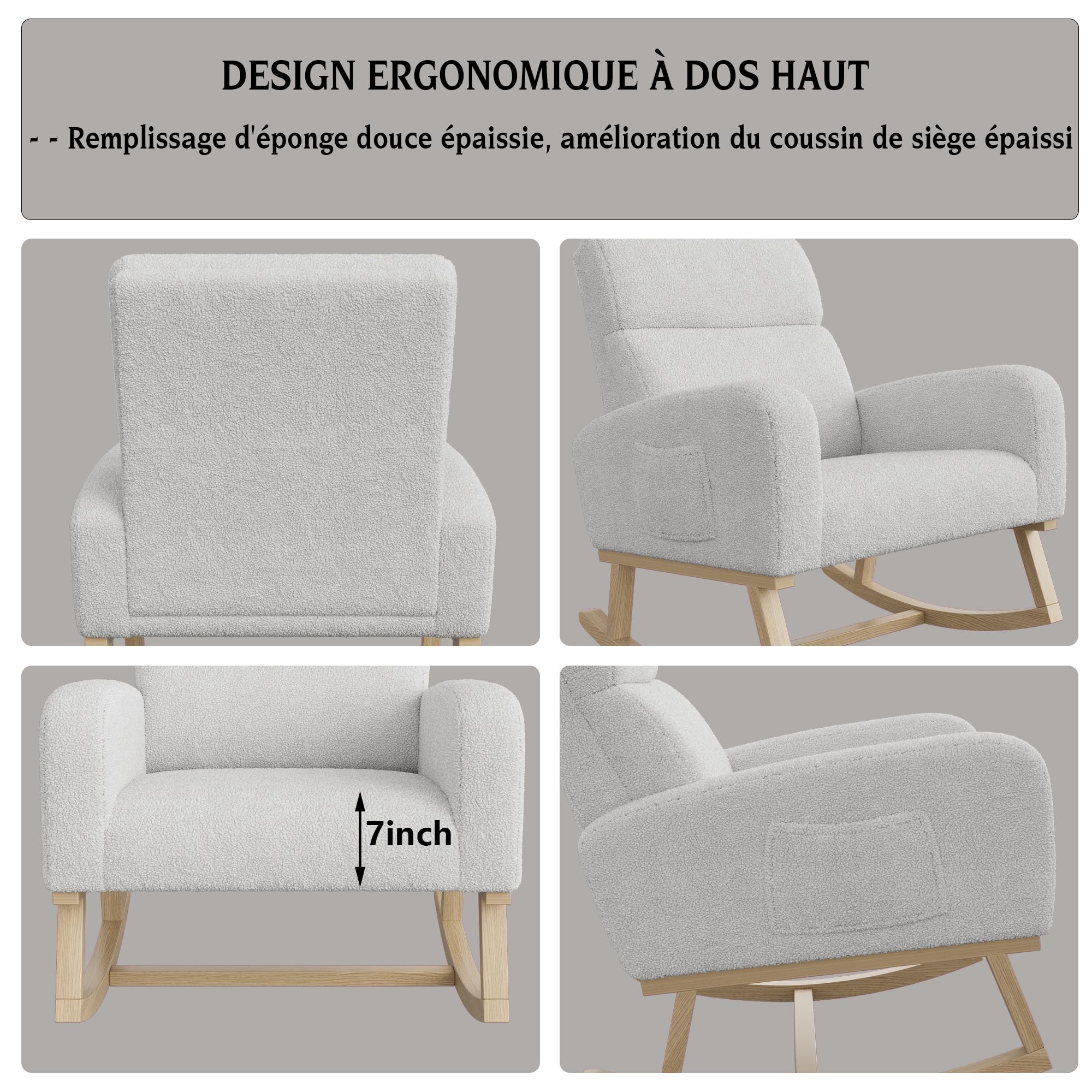 Mecedora para relajarse, sillón balancín, silla de lactancia, silla basculante con tejido de peluche y cojín lumbar y 2 bolsillos laterales, cómoda silla de lectura para salón (gris oscuro)