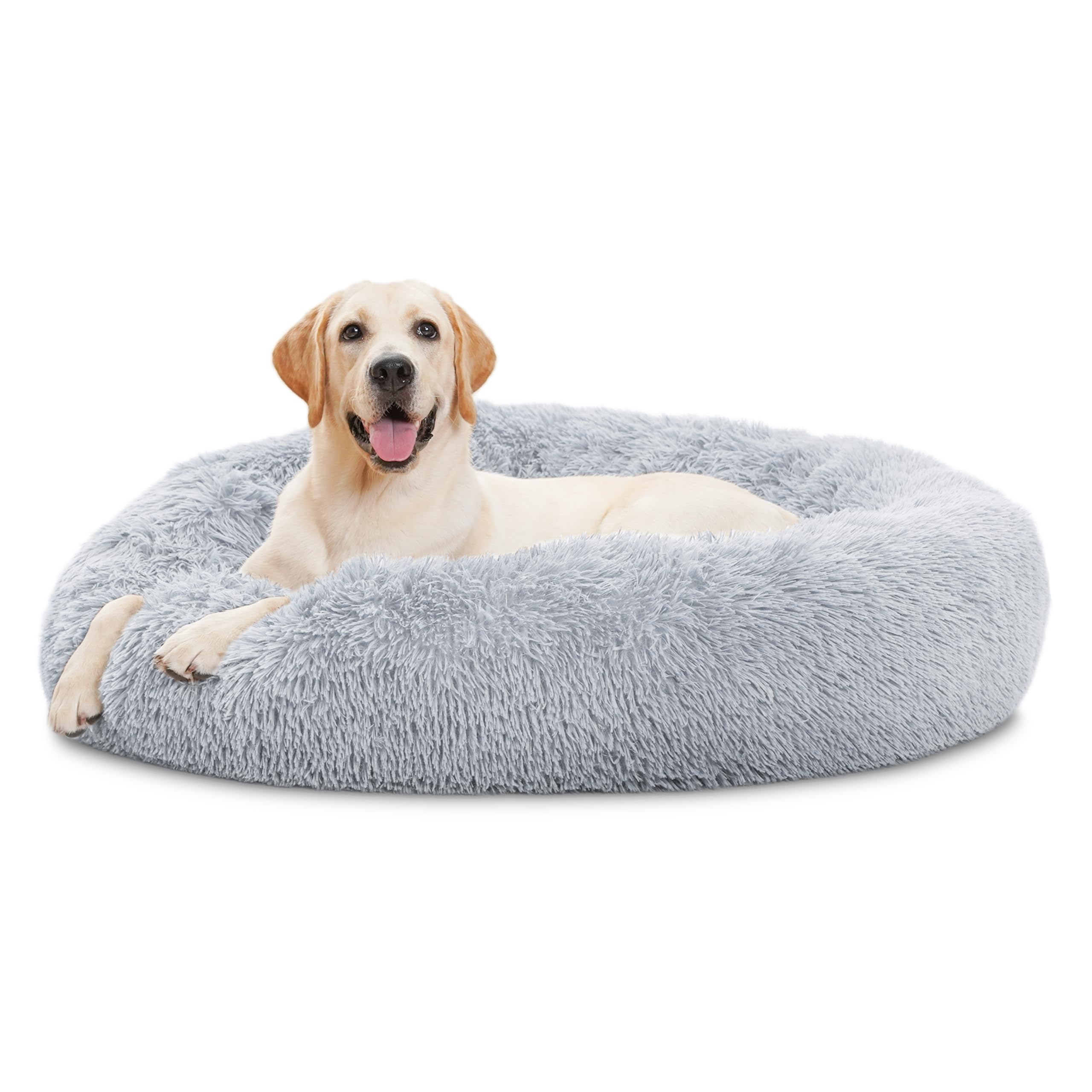 elsker&home calming dog bed,donut washable warming soft round 46 inches dog beds for large dogs,anti-anxiety fluffy plush cushion bed fits up to 160 lbs pets