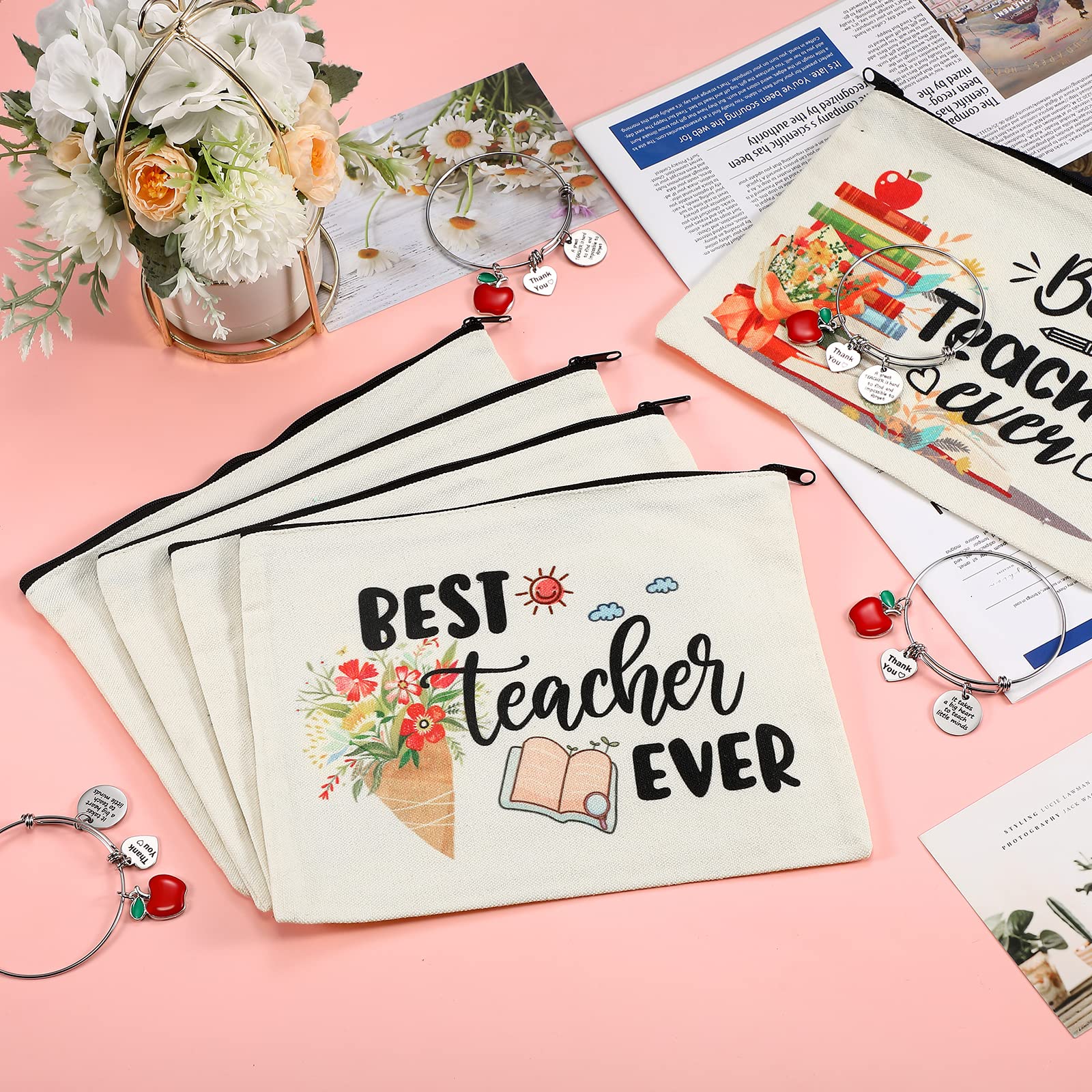 Highergo 16 Pcs Teacher Appreciation Gift Set for Women, 8 Makeup Pouch Cosmetic Bags and 8 Bangle Bracelets, Valentine Graduation Teachers Day Thank You Gifts(Round Style)