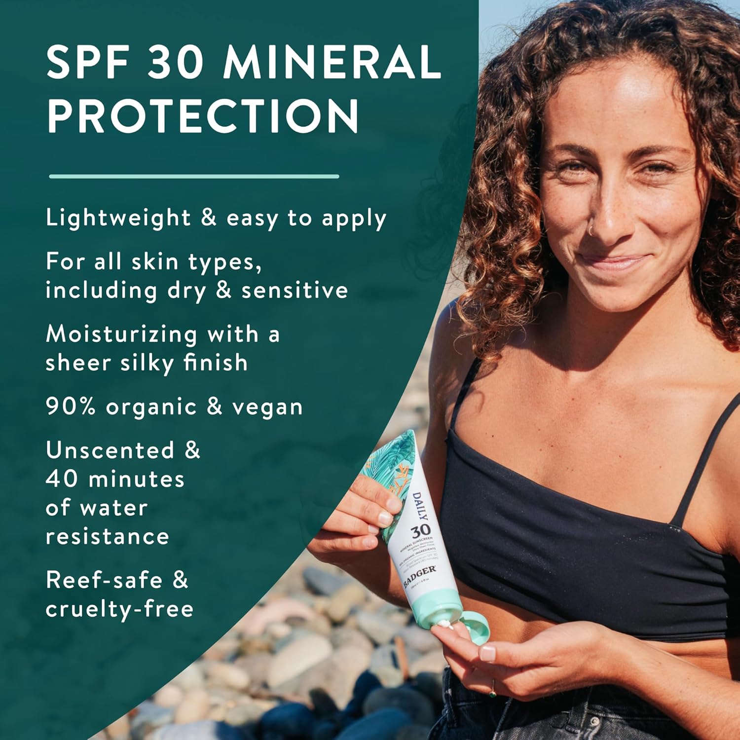 Badger Mineral Daily Sunscreen with Zinc Oxide, SPF 30, Lightweight & Easy to Apply w/No White Cast, Moisturizing Organic Sunscreen, Reef Safe, Vegan, Unscented, 4 fl oz