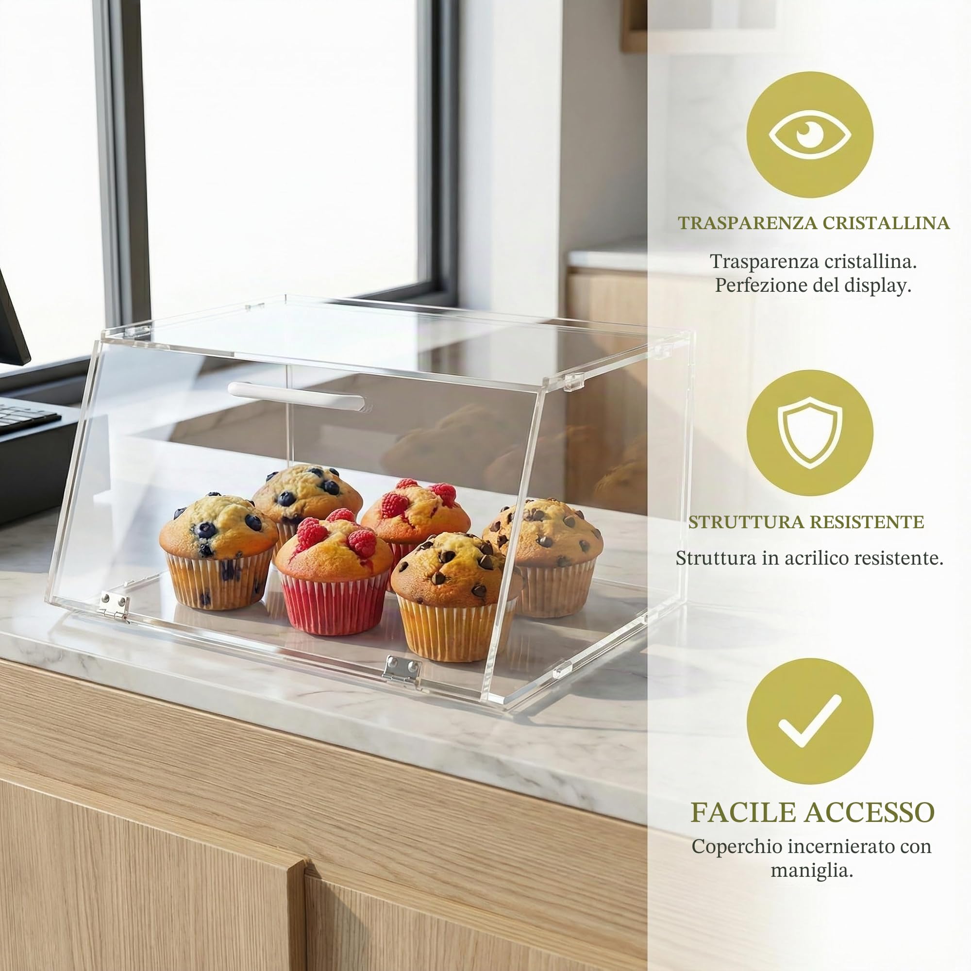 Espositore impilabile per panetteria in acrilico, per dolci, piano di lavoro, organizer, contenitore per bagel, pane, 38 x 16,5 x 30,5 cm, porta inclinata con 2 cerniere in acciaio