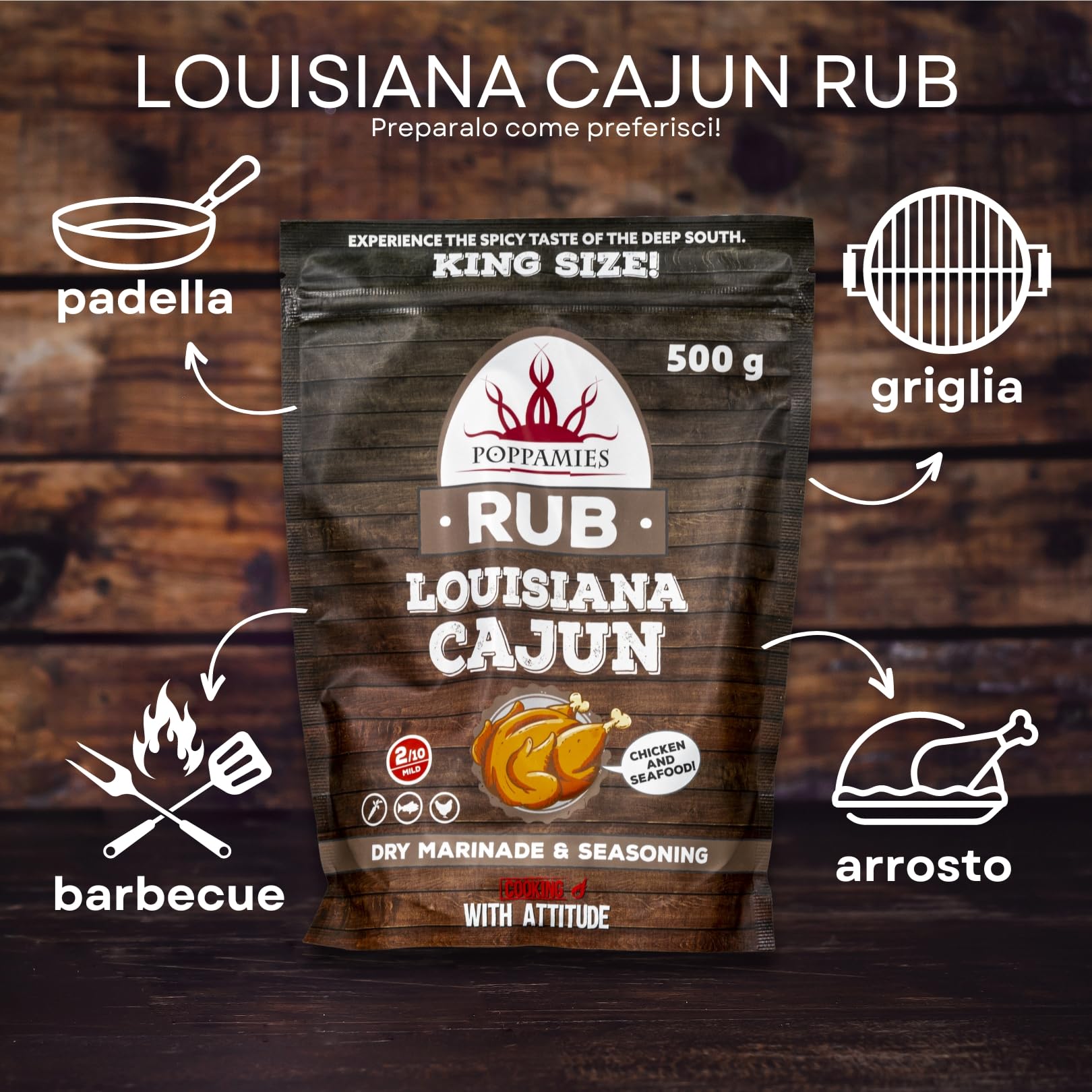 Poppamies Louisiana Cajun BBQ Rub - Condimento BBQ 100% Naturale - Marinatura Secca e Spezie Particolarmente Adatto per Pollo -Confezione Grande 500g