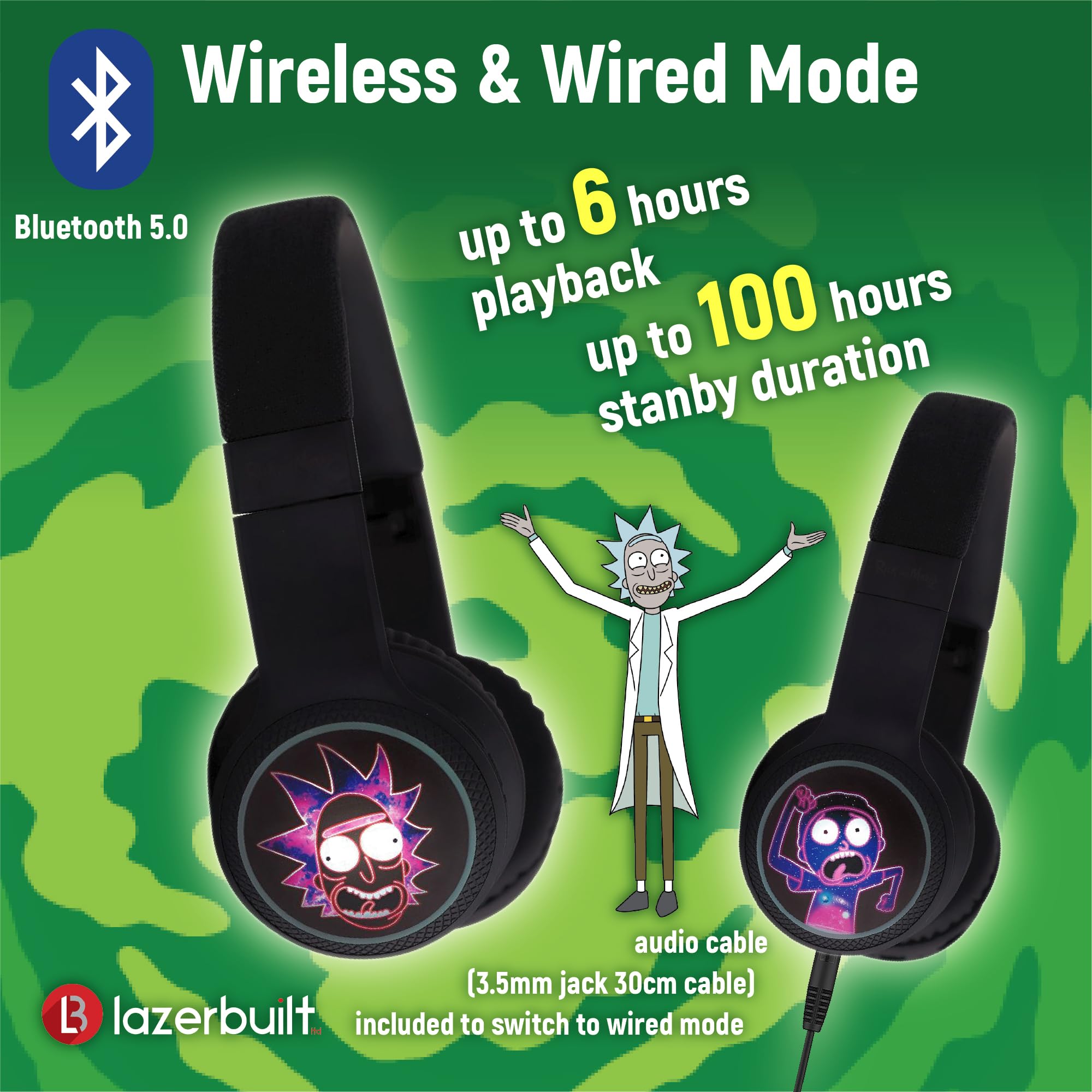 Bigben Rick & Morty - Auriculares inalámbricos Bluetooth V5.0 2 en 1, diseño Iluminado con micrófono para Hacer y Tomar Llamadas telefónicas. Controles de Auriculares y Diadema Ajustable.