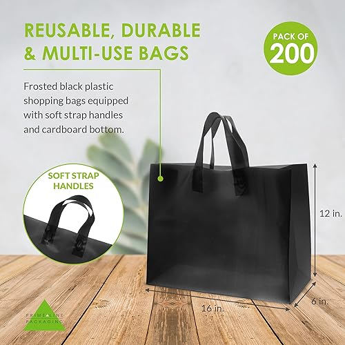 Miniatura 4 de Bolsas de plástico con asas 16 x 6 x 12 pulgadas paquete de 200 bolsas grandes de plástico esmerilado negro con parte inferior de cartón pequeñas