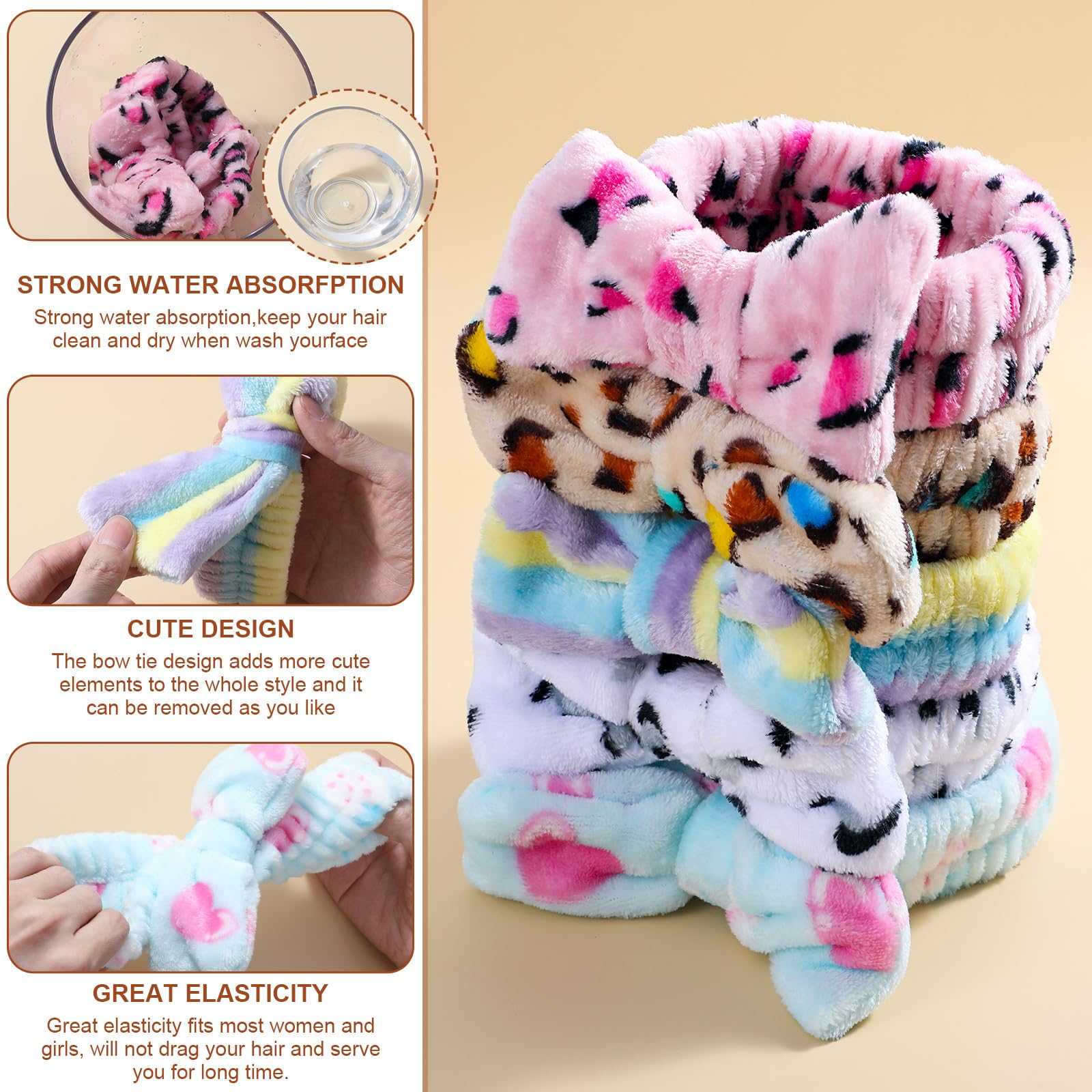 LNGUB 5 Packs Spa Headband with Cute Bow for Women and Girls Elastic Makeup and Skincare Hair Band for Shower and Face Washing - Image 3