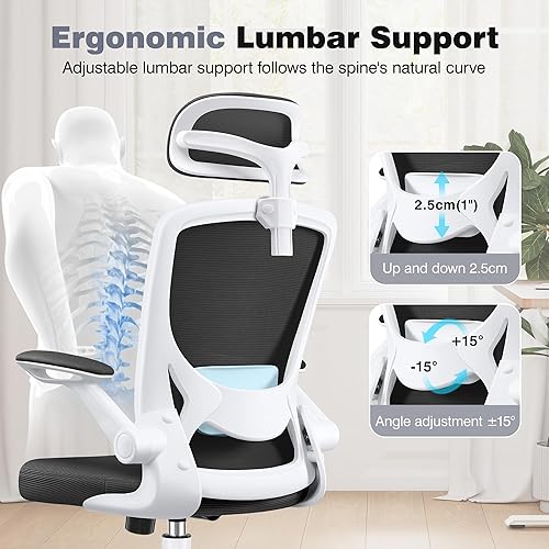 Miniatura 3 de Silla de oficina ergonómica, silla de escritorio para computadora cómoda con reposacabezas ajustable, soporte lumbar, reposabrazos abatibles, sillas