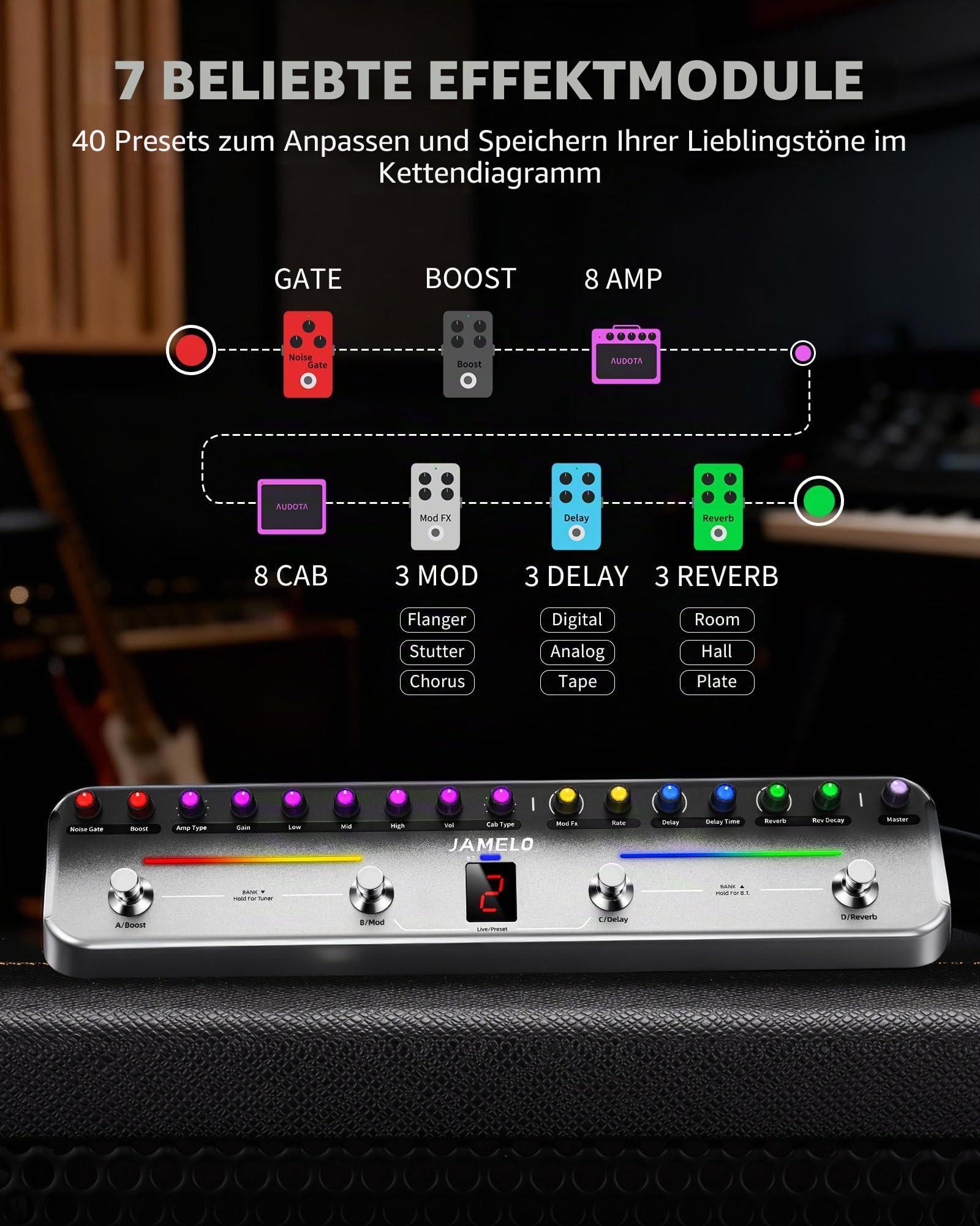 JAMELO Gitarren Multi-Effektpedal, 7 Effektmodule, 27 Effektkombinationen, Overdrive, Distortion, Reverb, Delay, Chorus, mit Bluetooth, IR-Import, Aufnahme, App-Steuerung,wiederaufladbar