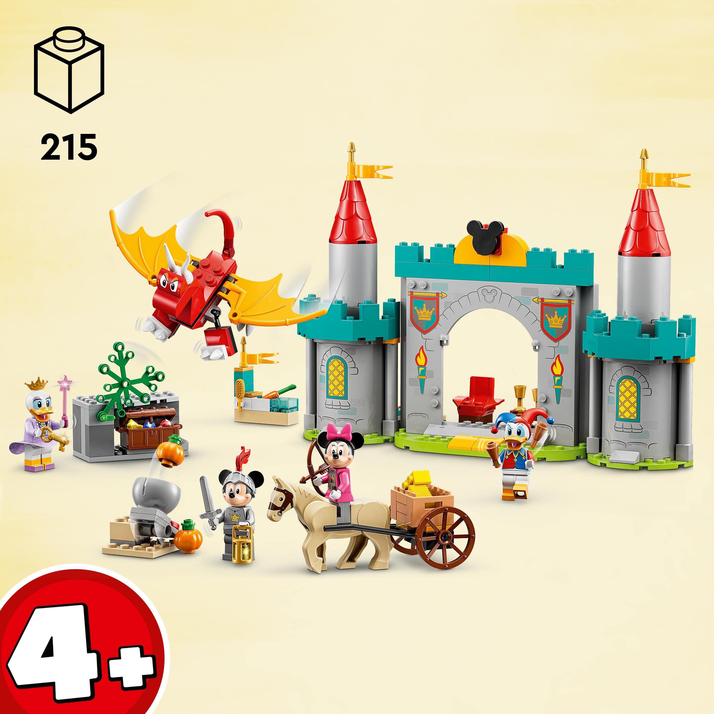 LEGO Disney Topolino e i suoi Amici Paladini del Castello, Set con Edificio con Torri da Costruire, Cavallo, Drago Giocattolo e 4 Minifigure, Giochi per Bambini e Bambine da 4 Anni in su 10780