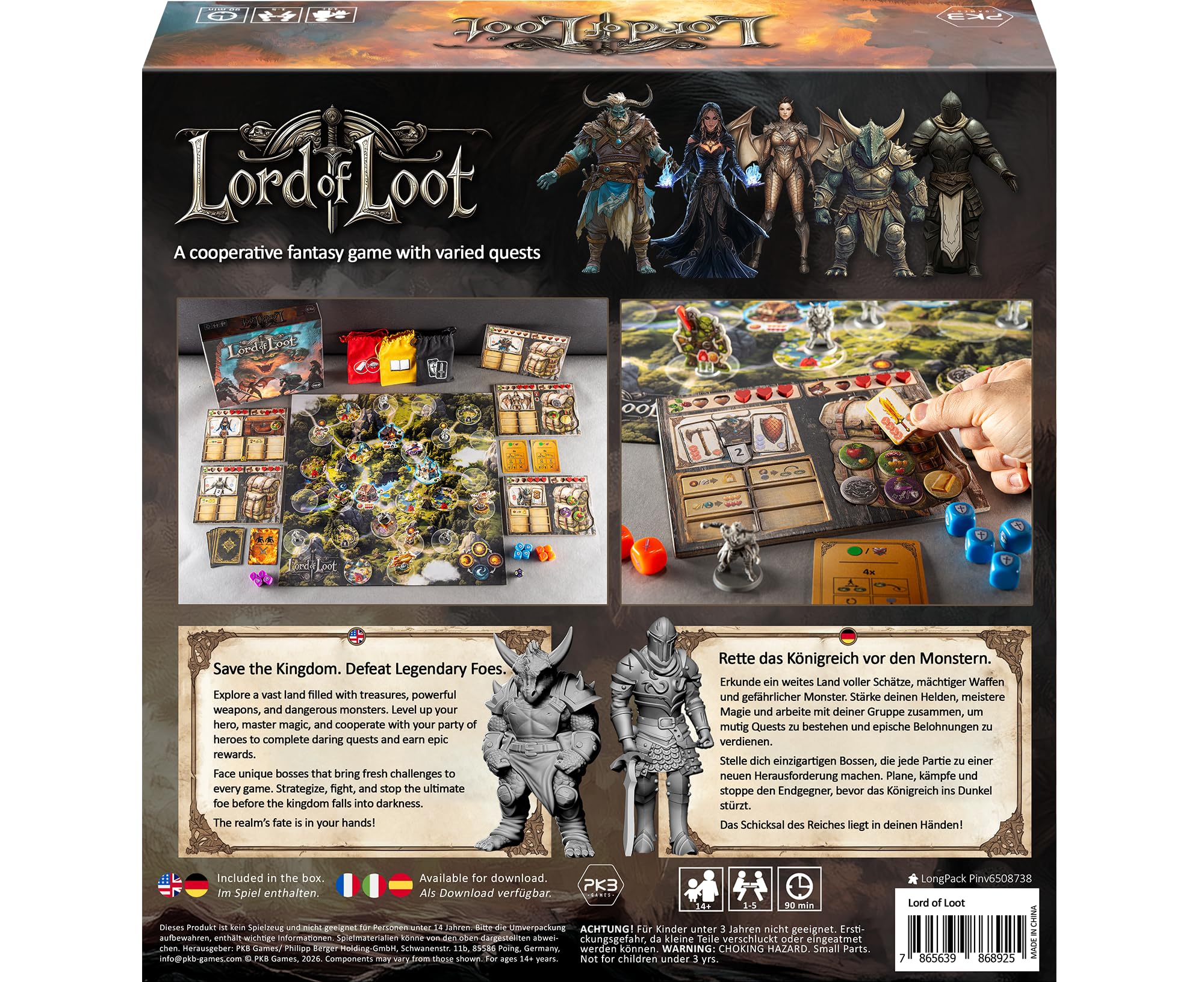 Lord of Loot, kooperatives Fantasy-Brettspiel, ab 14 Jahren, für 1–5 Spieler, 60–90 Minuten Spieldauer, auf Englisch und Deutsch