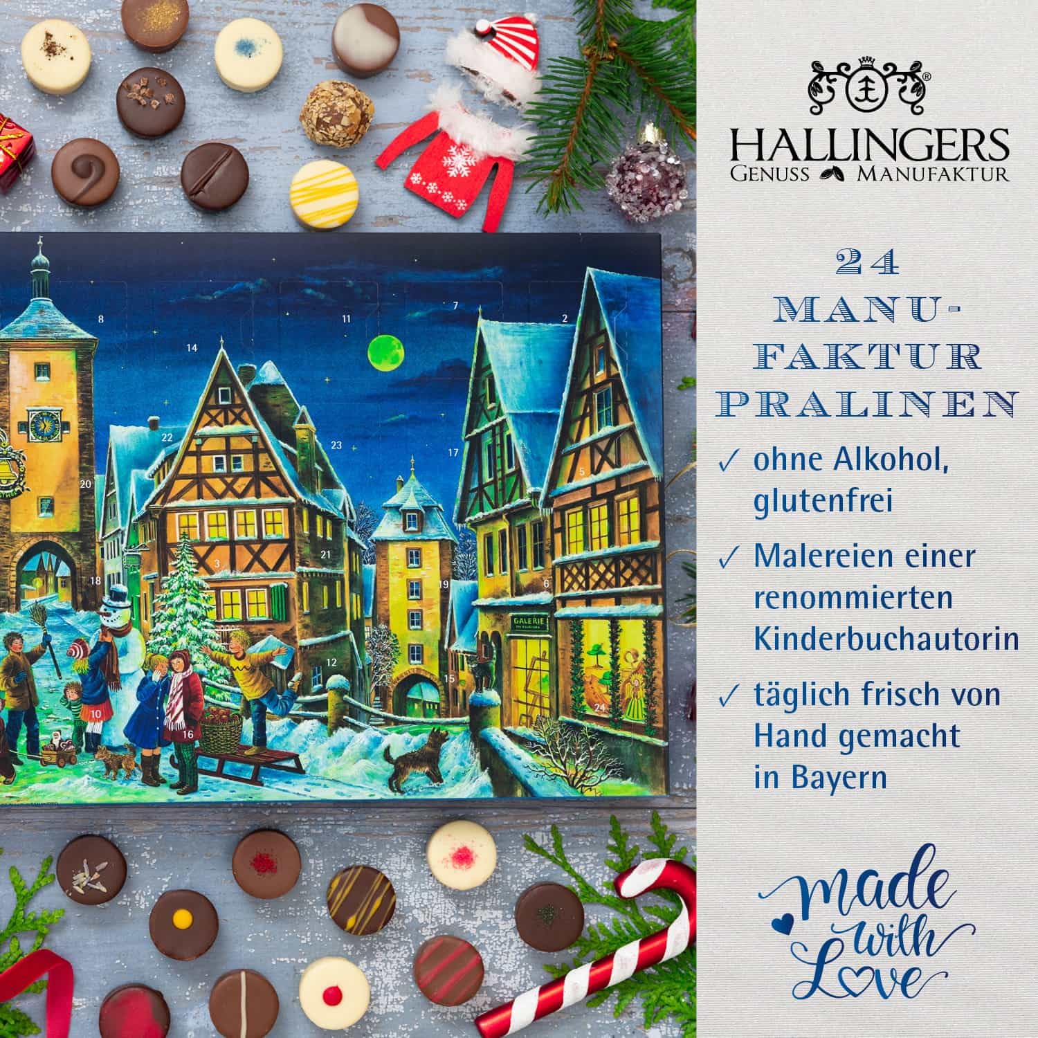 Hallingers Genuss Manufaktur Pralinen Adventskalender - ohne Alkohol, handmade aus Confiserie-Edelkakao in wertigem Softfeel-Karton "Rothenburg", Weihnachtskalender für Frauen Männer