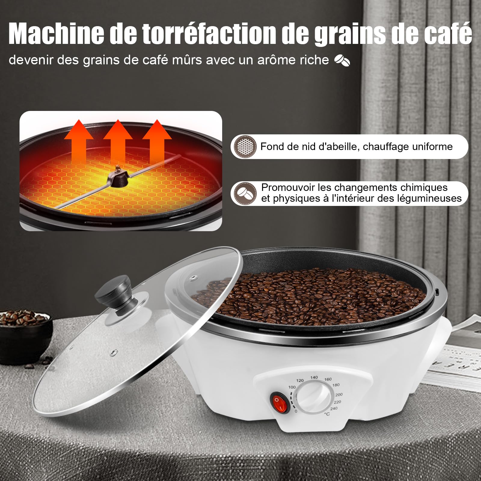 Torréfacteur à café électrique pour la maison, 1200 W, multifonctionnel, réglage de la température de 0 à 240 °C, pour arachides, graines de melon, soja, grains de café