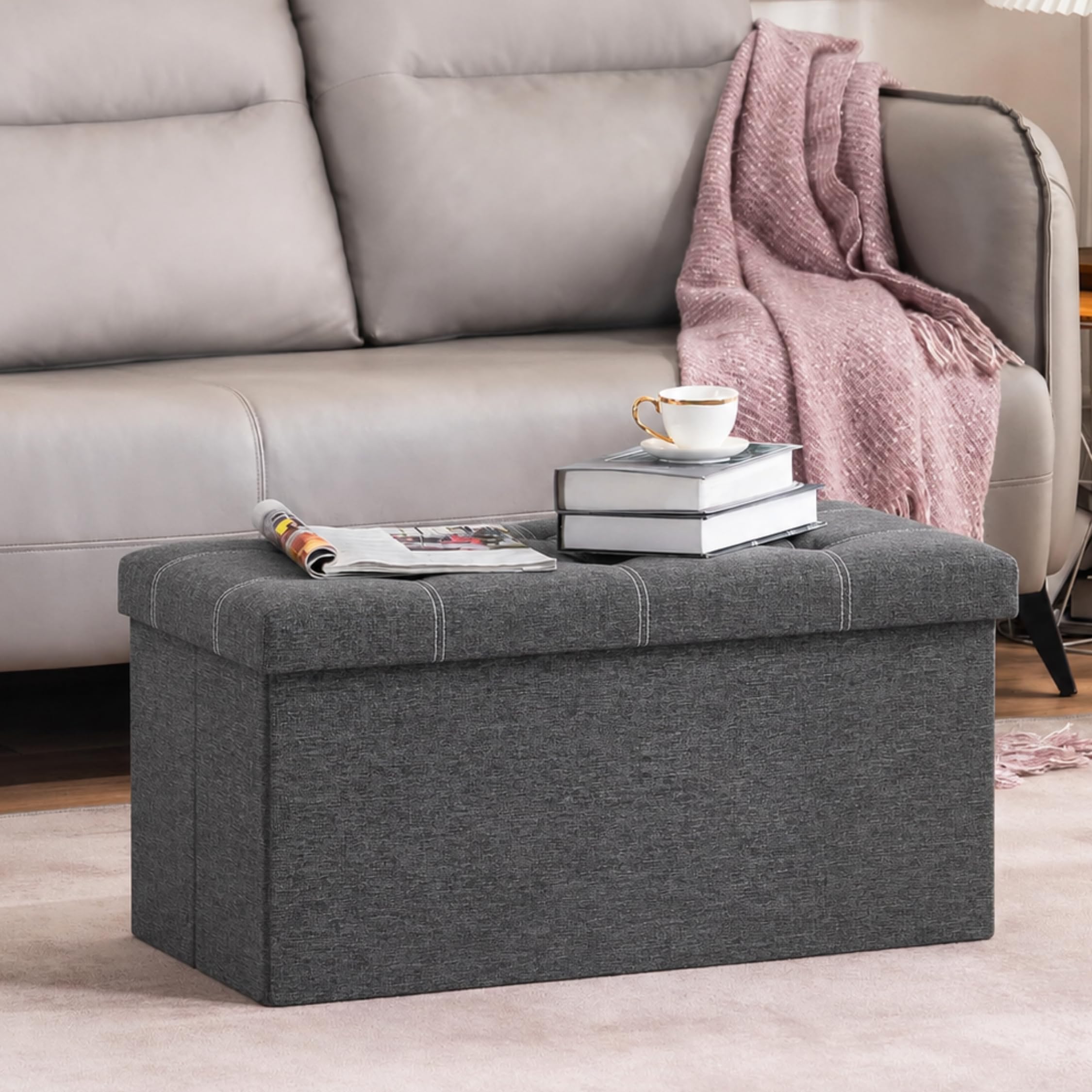 Folding Storage Ottoman Cube Stool, Linen Fabric Footrest Bench with Padded Lid, 22L Storage Box for Toys, Clothes, Books, Living Room & Bedroom, 30x30x30 cm (Dark Grey, 76 * 38 * 35 cm)-image-19